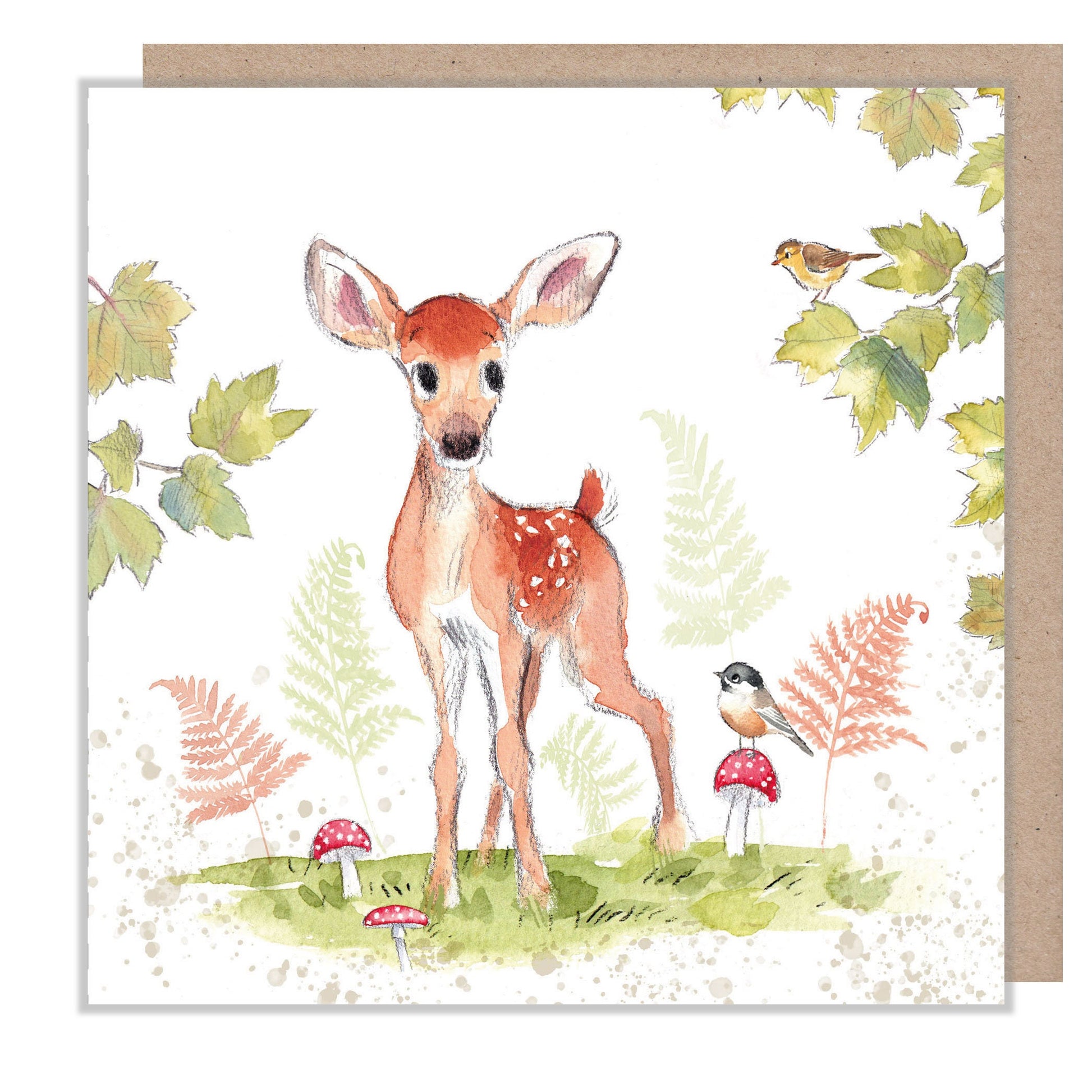 Deer Card - Quality Blank Greeting Card - Charming illustration - Deer with Birds - 'Bucklebury Wood'  range - Made in UK -  BWE017