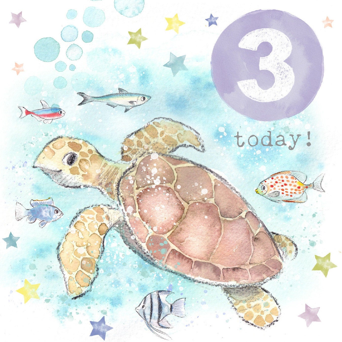 AGE 3 - Sea Turtle Birthday Card: Charming Illustration PTAGE03