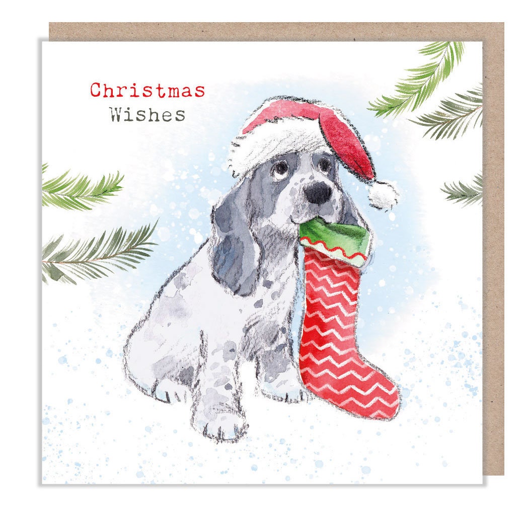 Christmas wishes - Quality Christmas Card - 150 x 150mm - Cocker Spaniel illustration - 'Absolutely barking' range - Made in UK -  ABX109