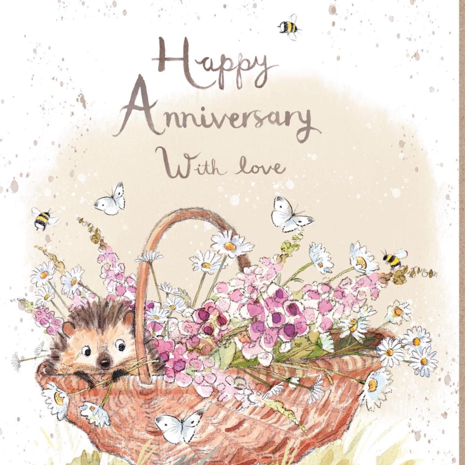 Anniversary Card - Quality Card - Charming illustration - Hedgehog in Flower basket - 'Morris and Maude' range - Made in UK -  MME019