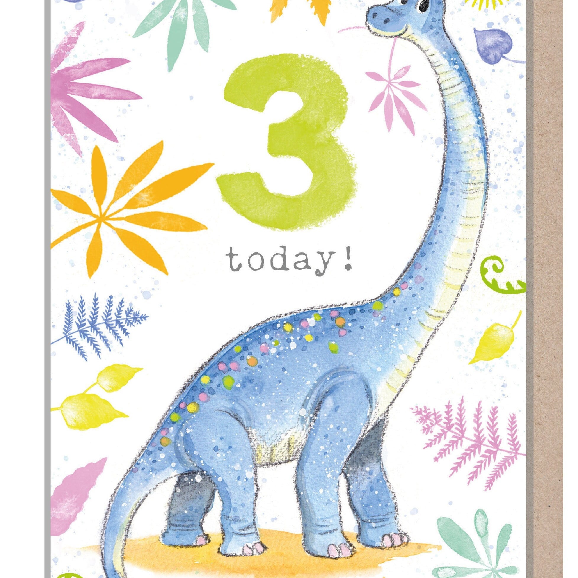 Kids Birthday Card - Age 3 - 'Totally Roarsome' range - Cute Dinosaur illustration - Diplodocus - TR03