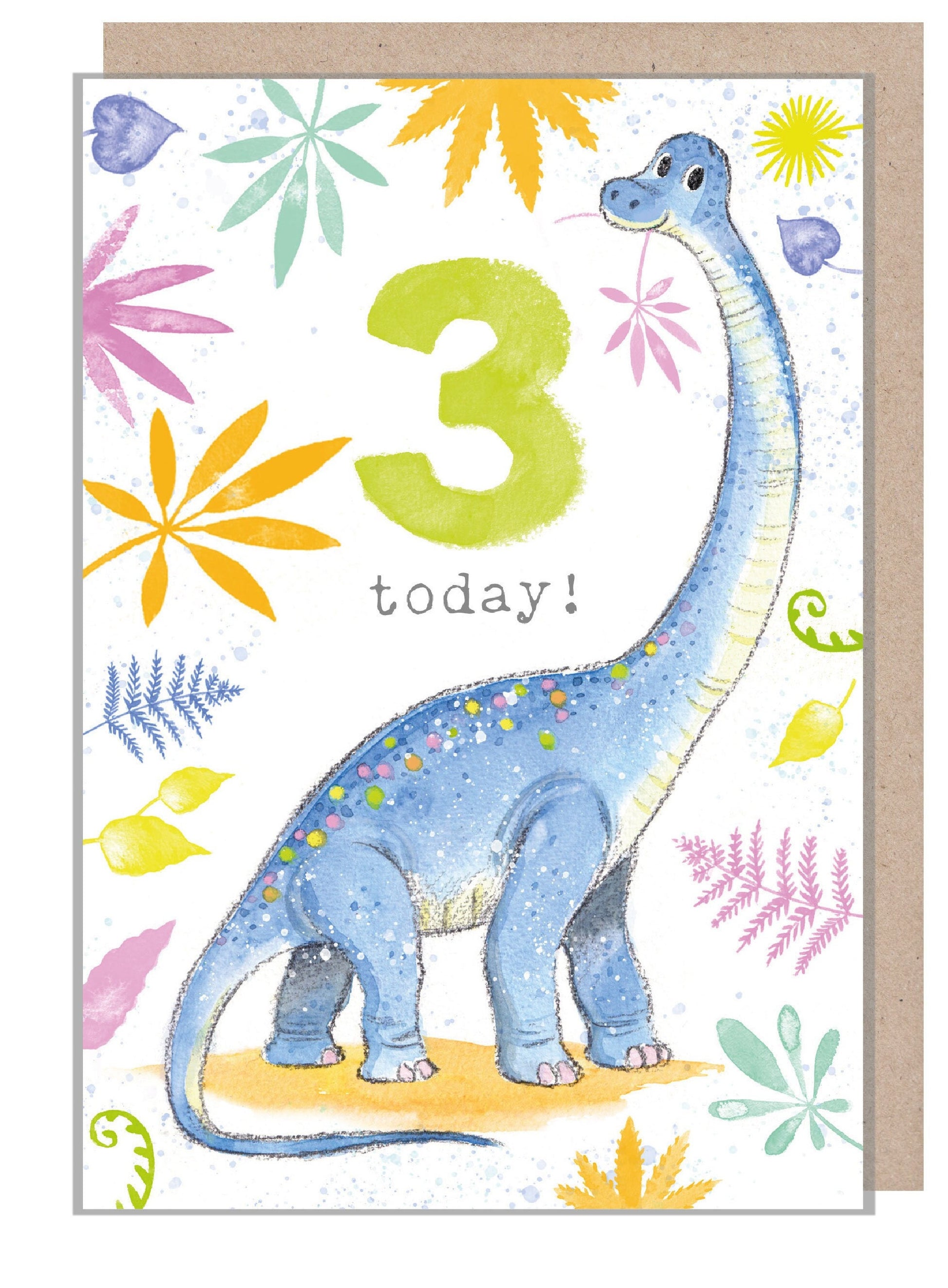 Kids Birthday Card - Age 3 - 'Totally Roarsome' range - Cute Dinosaur illustration - Diplodocus - TR03
