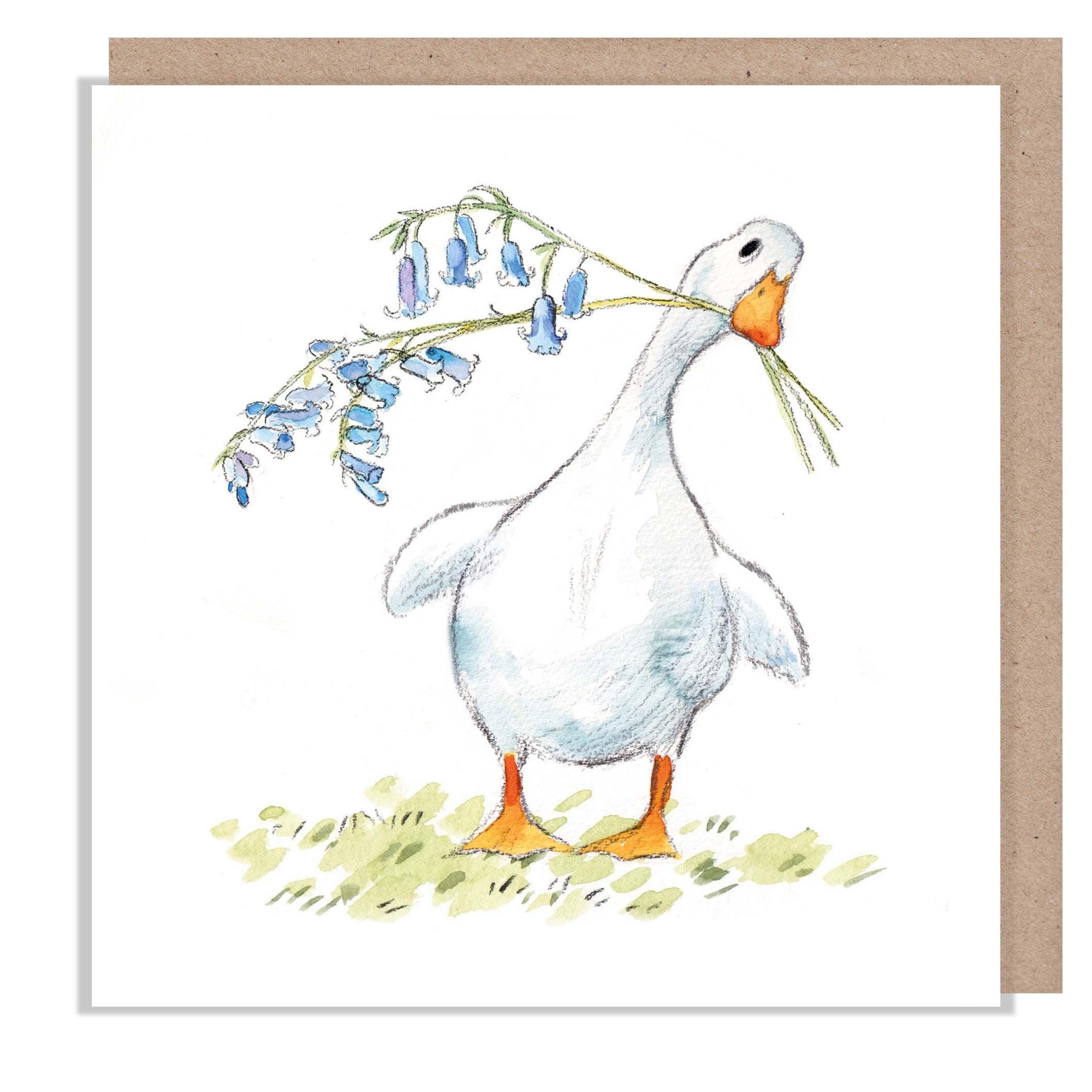 Blank Card -White Duck  - Quality Greeting Card - Duck and bluebell  illustration - 'Down by the river'  range - Made in UK -  RIV015