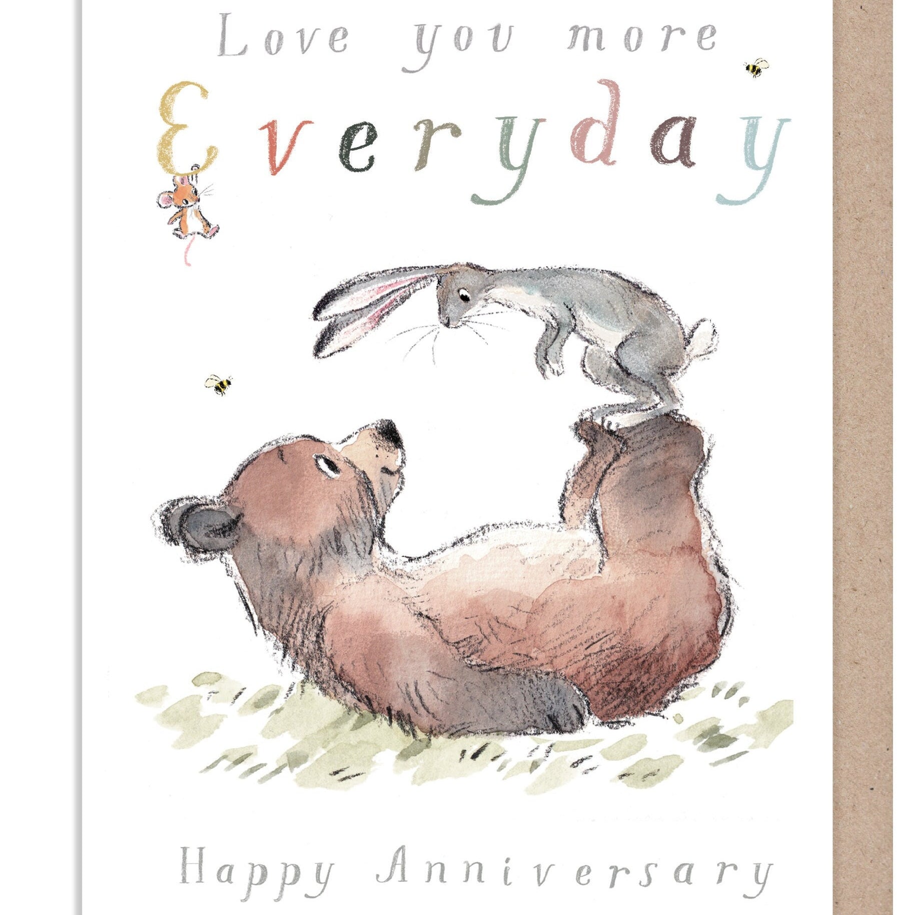Anniversary Card -Quality Card, Love you more Everyday... 'Bear, the Hare, and Mouse', heart warming Illustrations, made in UK, BHME032