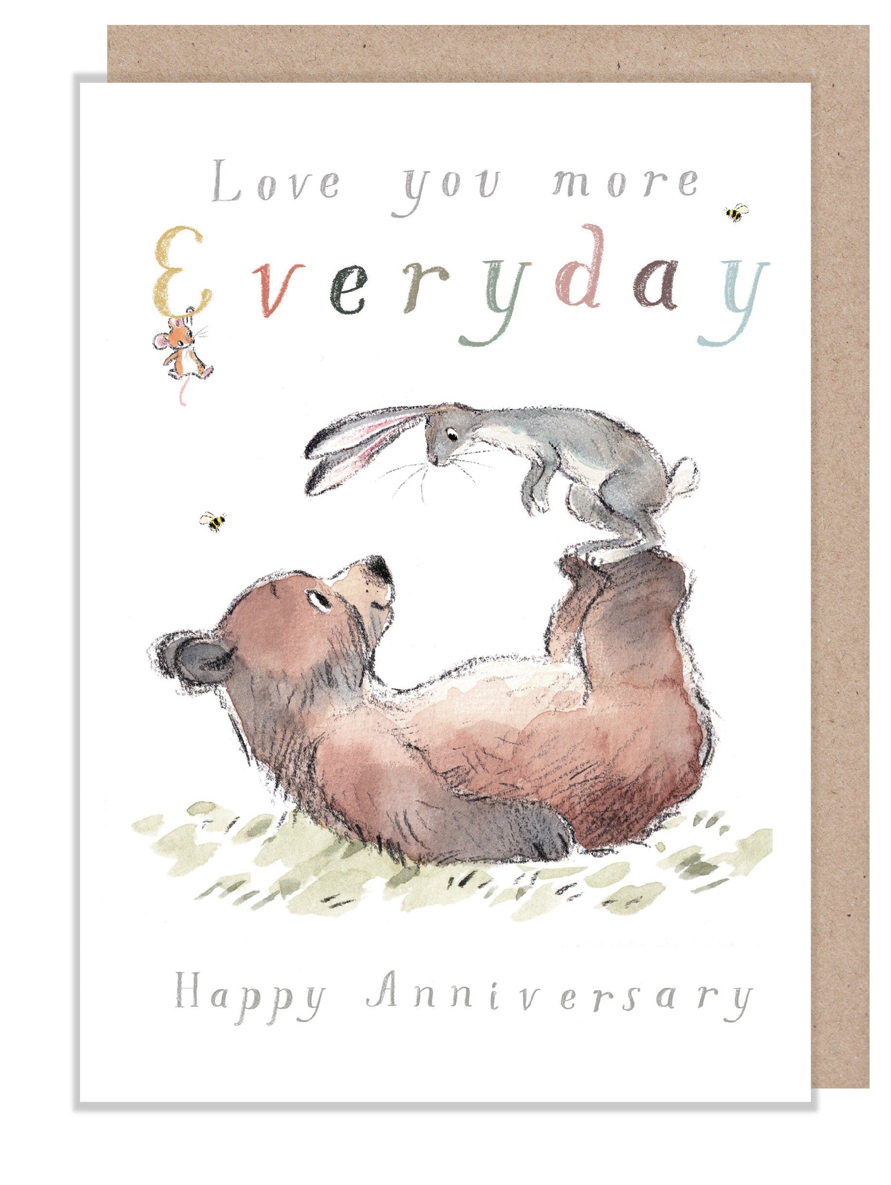 Anniversary Card -Quality Card, Love you more Everyday... 'Bear, the Hare, and Mouse', heart warming Illustrations, made in UK, BHME032