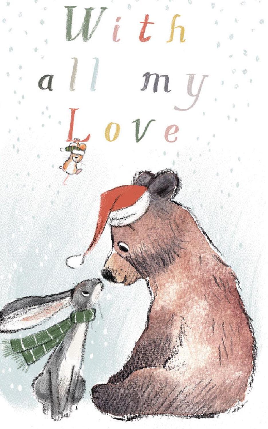 Small Christmas Gift Card - Quality folded gift card with envelope for a special gift - With all my love- Bear Hare Mouse- made in UK GC06