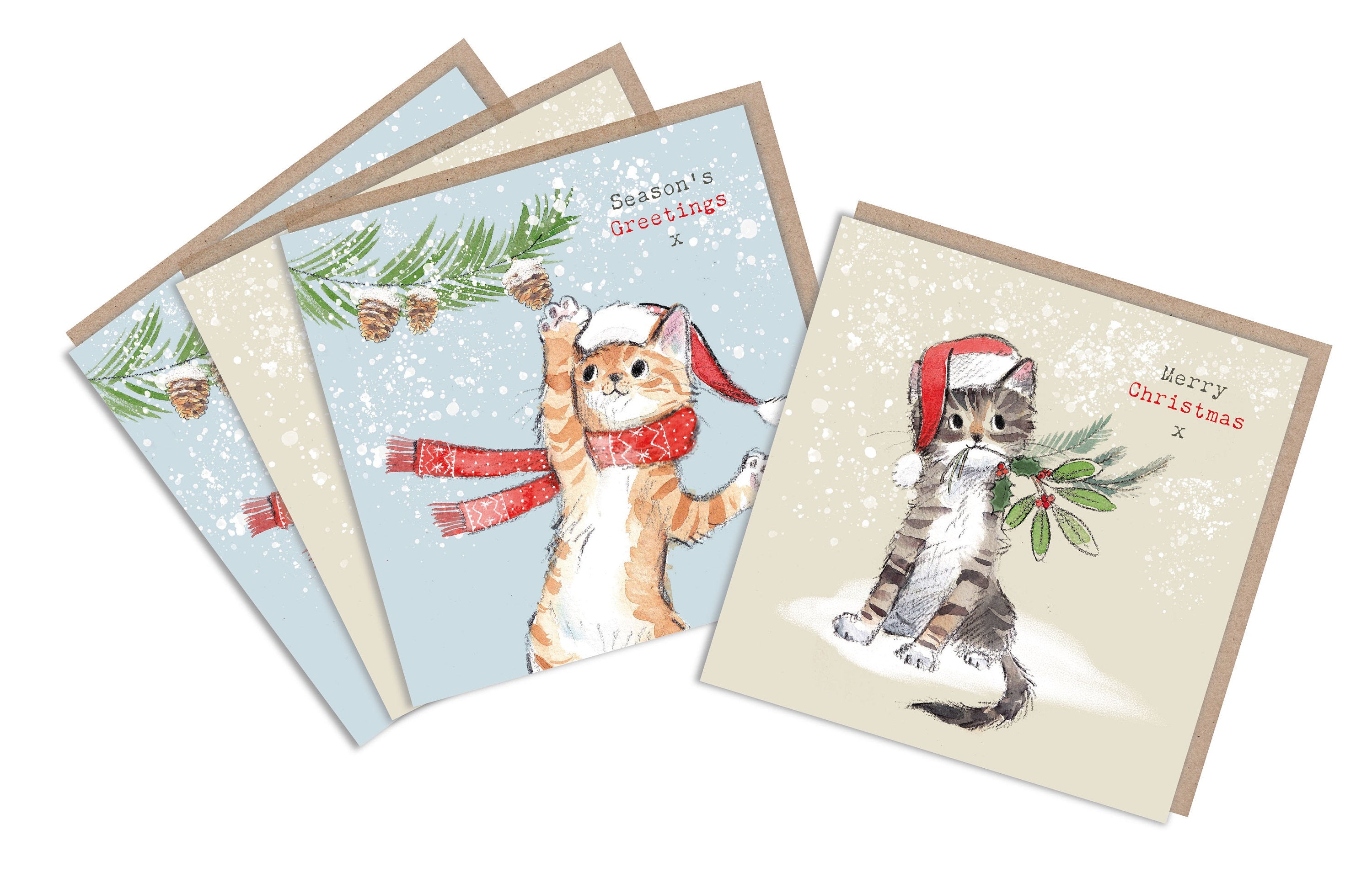 Pack of 4 Quality Christmas Cards - Charming Cat illustrations - 'Pawsitively Purrect' range  - Made in UK - XPP02/XPP04