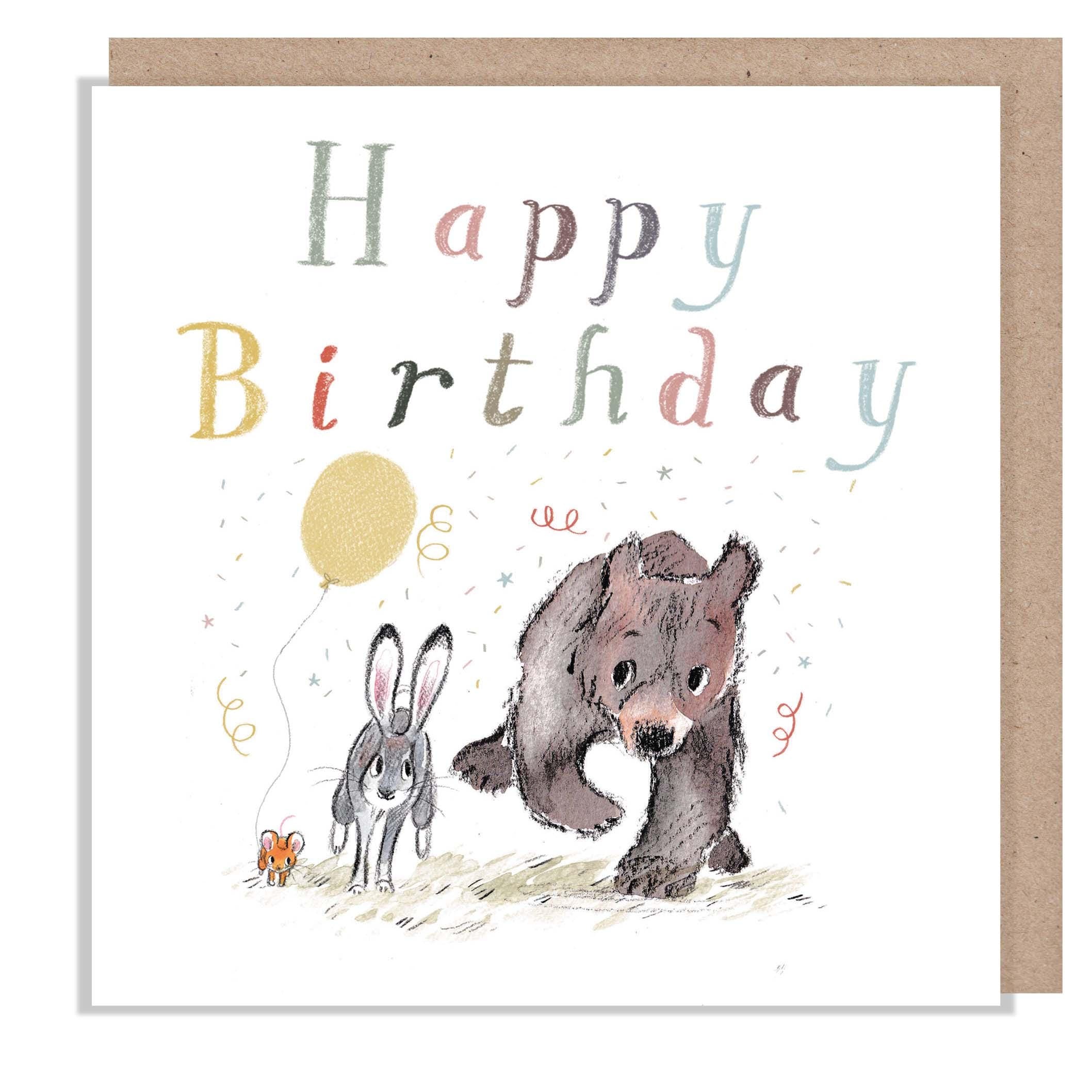 Birthday Card, Quality Greeting Card, 'the Bear, the Hare, and the Mouse', heart warming Illustrations, made in UK, no plastic,BHME026