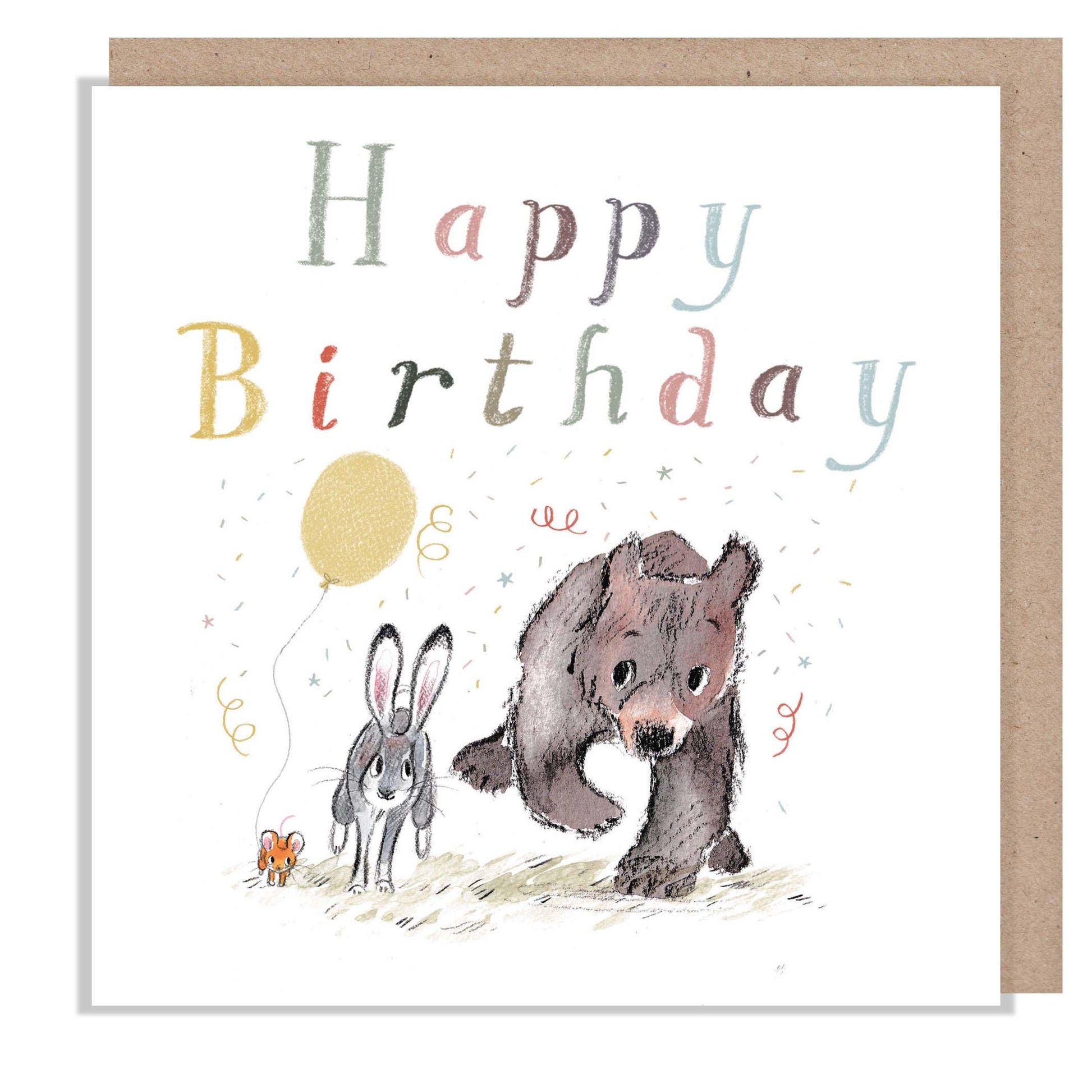 Birthday Card, Quality Greeting Card, 'the Bear, the Hare, and the Mouse', heart warming Illustrations, made in UK, no plastic,BHME026