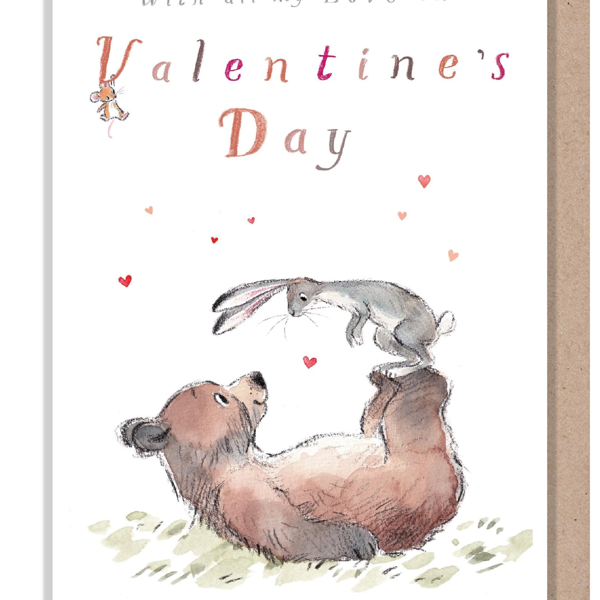 Valentines Card - Charming illustration - The Bear the Hare and the Mouse - range - Made in UK -  BHMVAL01