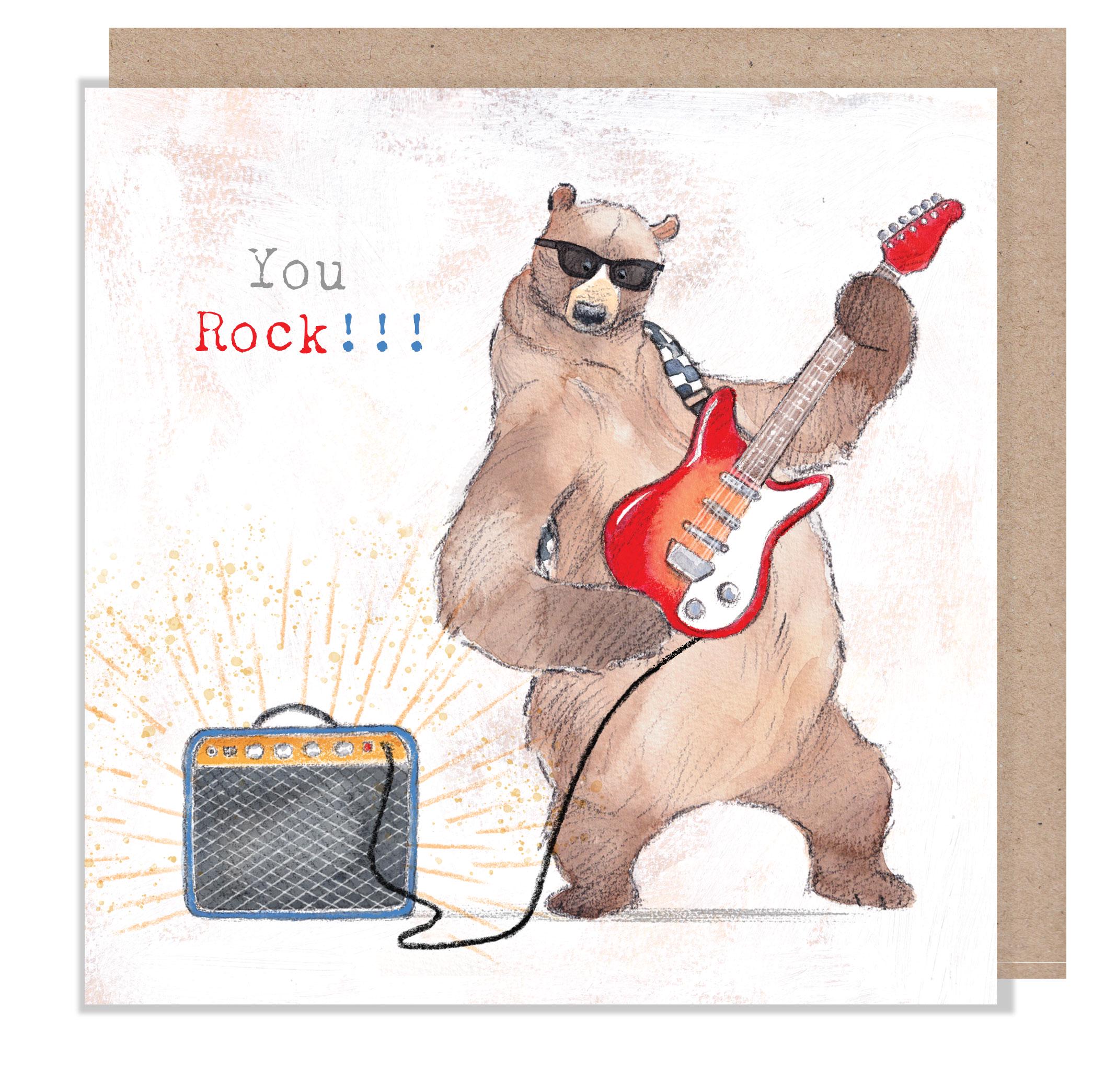 You Rock Birthday Card: Bear Playing Guitar - Handmade Greeting Card