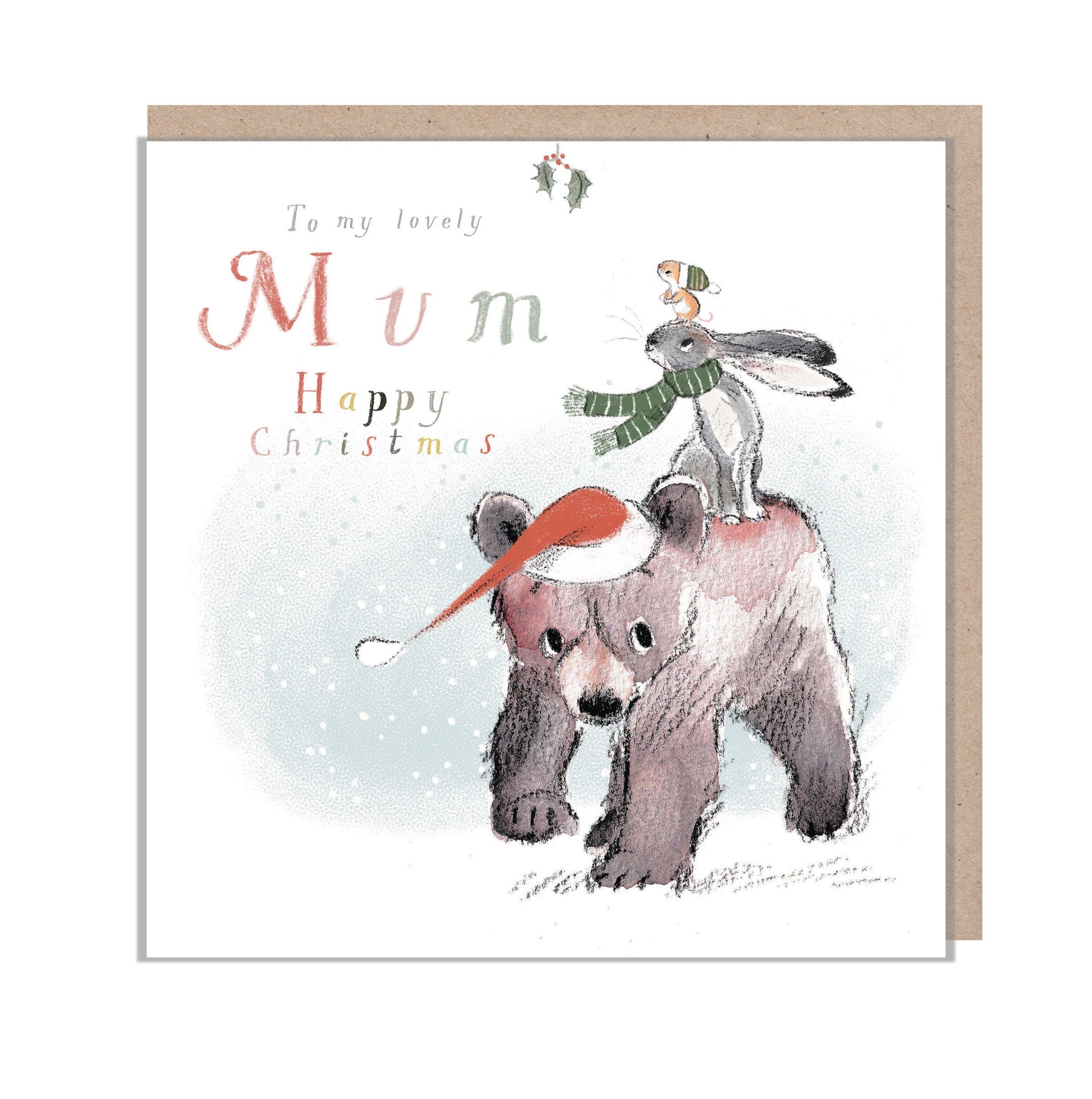 Mum Christmas Card: Bear, Hare, and Mouse Illustration