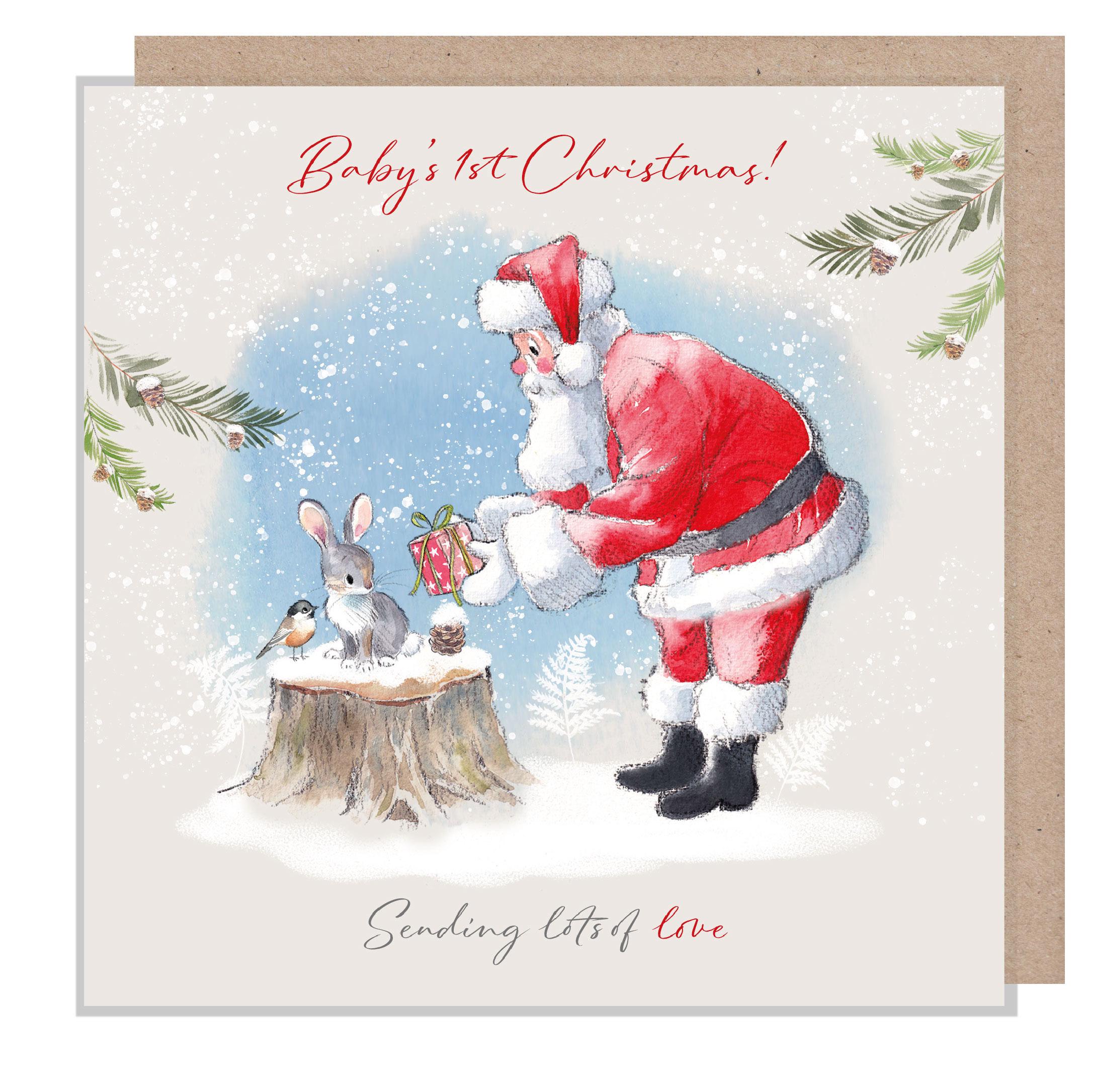Baby's 1st Christmas - Quality Christmas Card -150 x 150mm - Santa with parcel illustration - 'Wintery Tails'  range - Made in UK - WT07