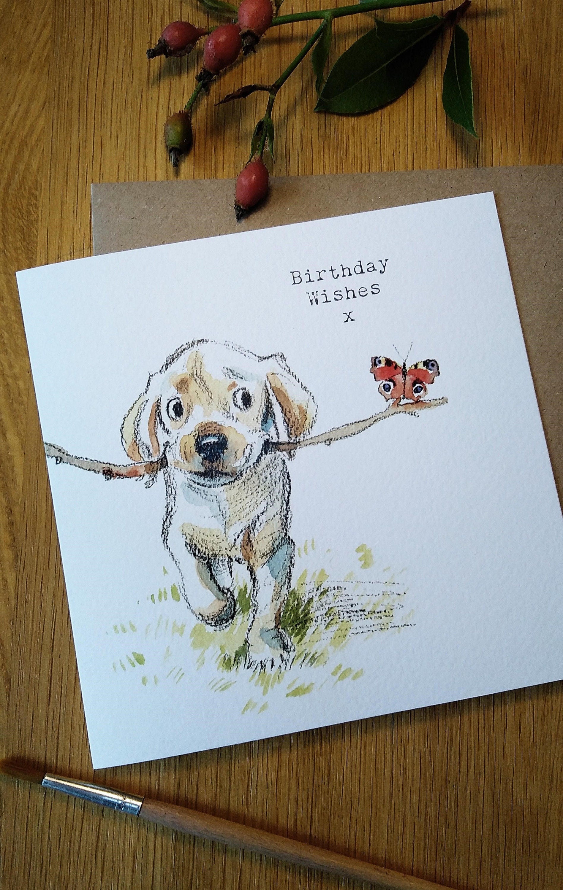 Dog Birthday Card - Quality Greeting Card - Charming illustration - 'Absolutely barking' range -  Labrador puppy - Made in UK -  ABE03