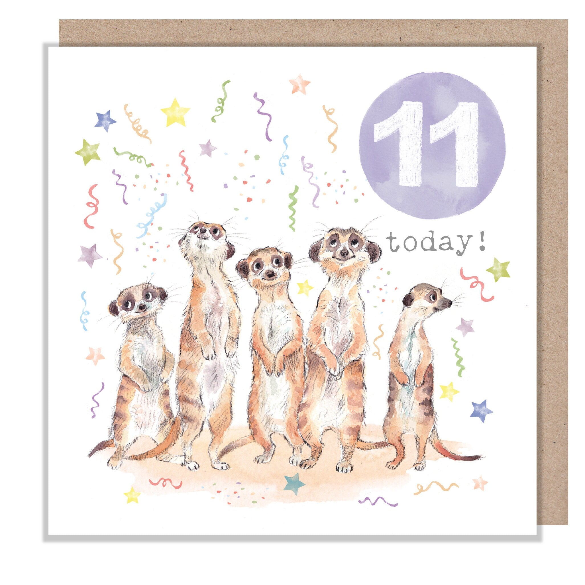 AGE 11 Birthday Card -  Charming illustration - Meerkats,  'Party Time'  range - Made in UK -  PTAGE011