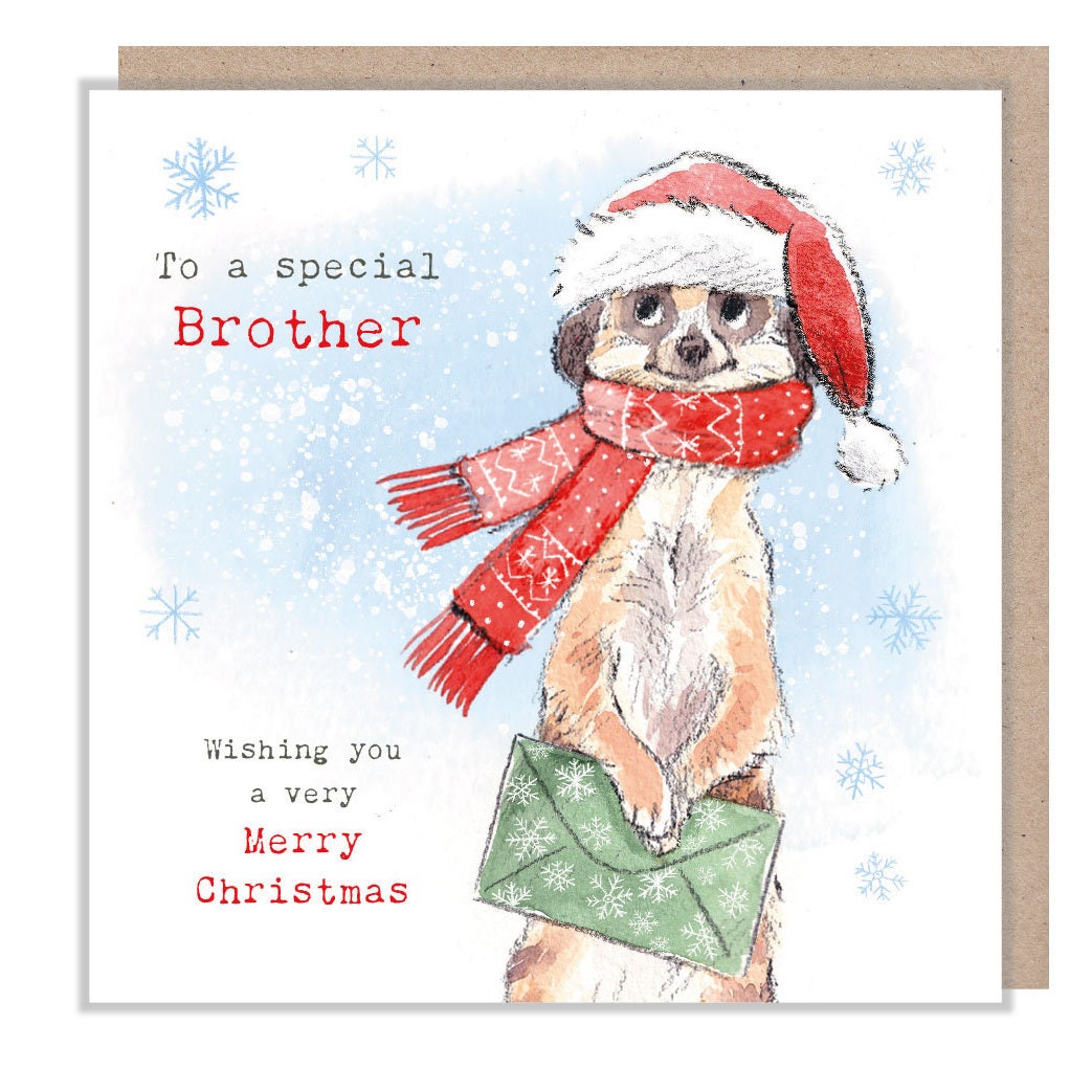 Brother - Quality Christmas Card - 150 x 150mm - Charming Meerkat illustration - 'Wonderfully Wild'  range - Made in UK -  WWX016
