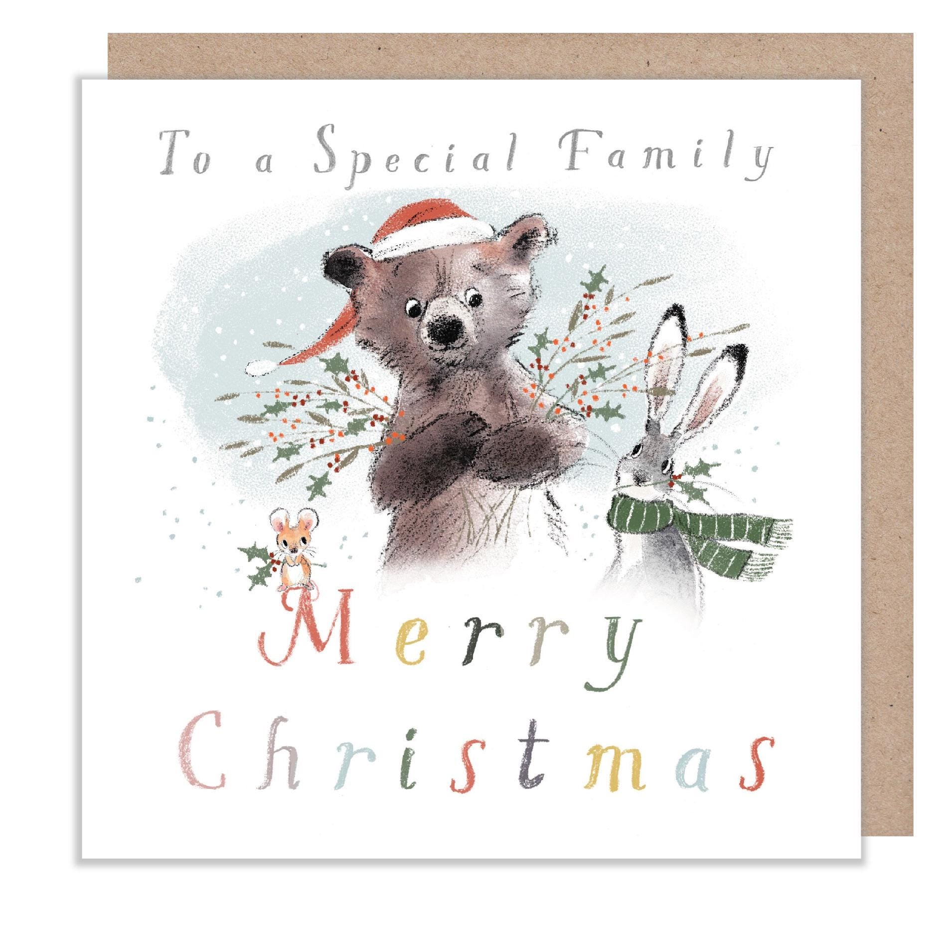To a Special Family, Quality Christmas Card, 'the Bear, the Hare, and the Mouse', Cute heart warming  Bear Illustration, made in UK, BHMX014