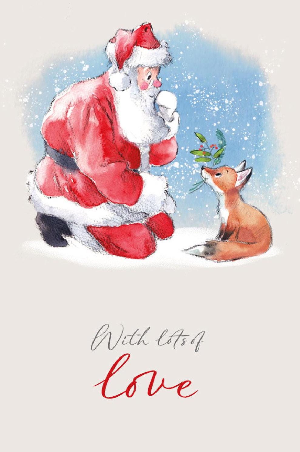 Small Christmas Gift Card - Quality folded Gift card with envelope for a special gift - lots of love - Santa and Fox design -made in UK GC02