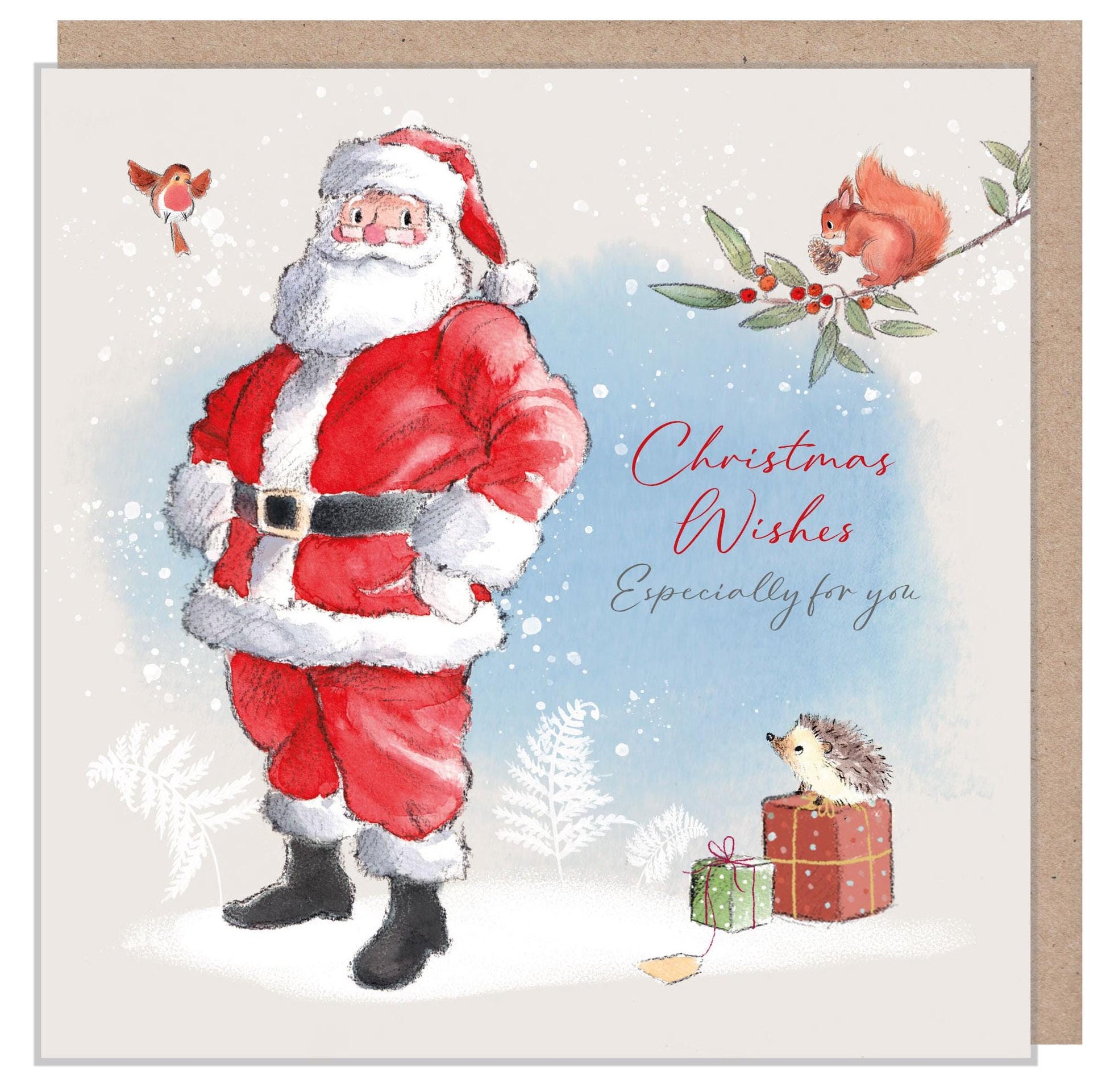 Quality Christmas Card- Christmas Wishes -150 x 150mm - Standing Santa - 'Wintery Tails'  range - Made in UK - WT05