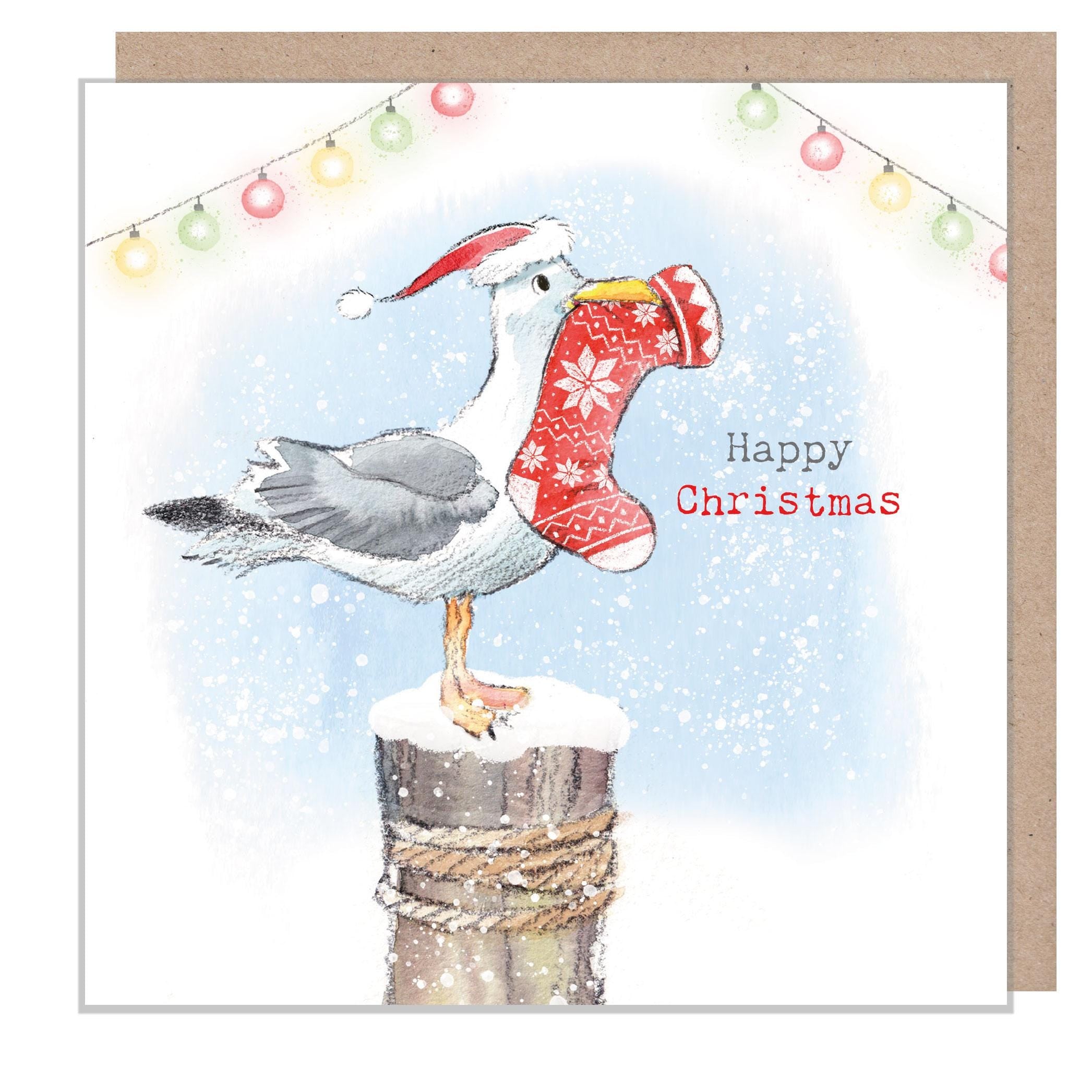 Seagull Christmas Card - Happy Christmas - Seagull and Lights illustration - 'by the Seashore' range - made in UK  - SEAX02