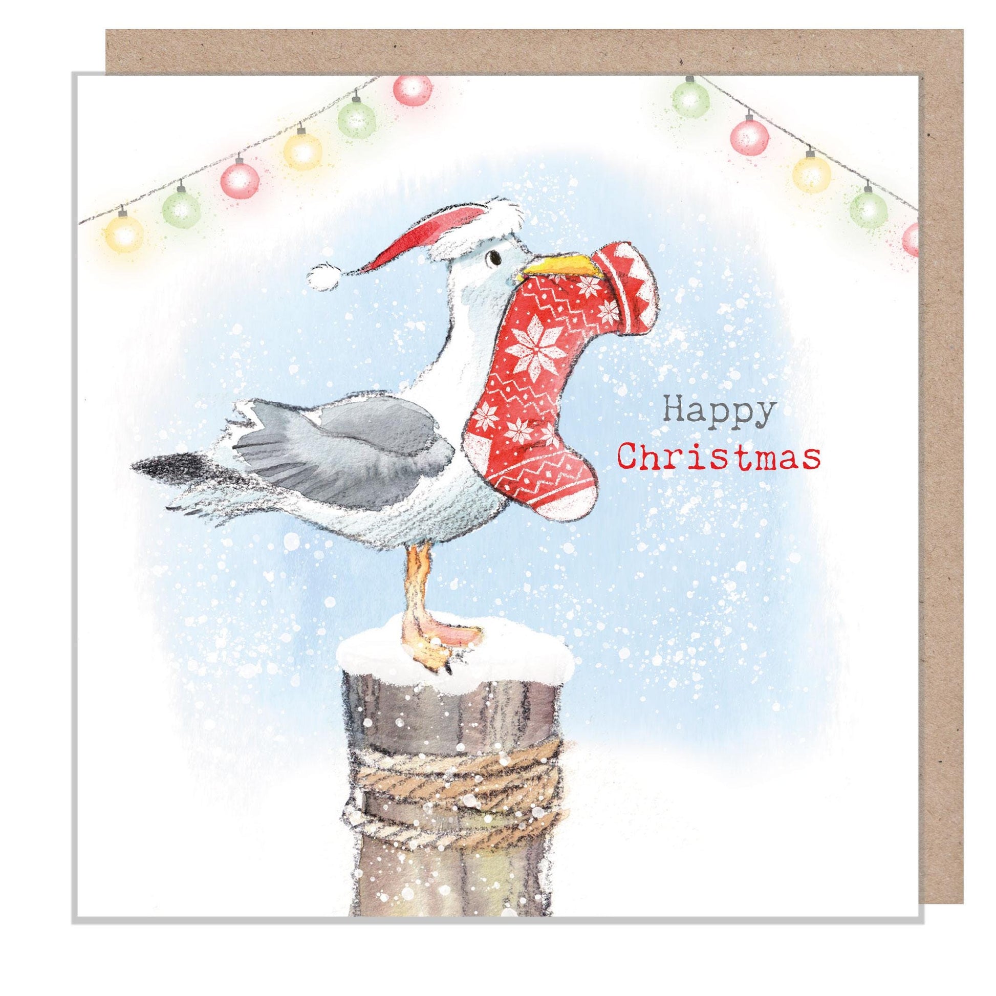 Seagull Christmas Card - Happy Christmas - Seagull and Lights illustration - 'by the Seashore' range - made in UK  - SEAX02