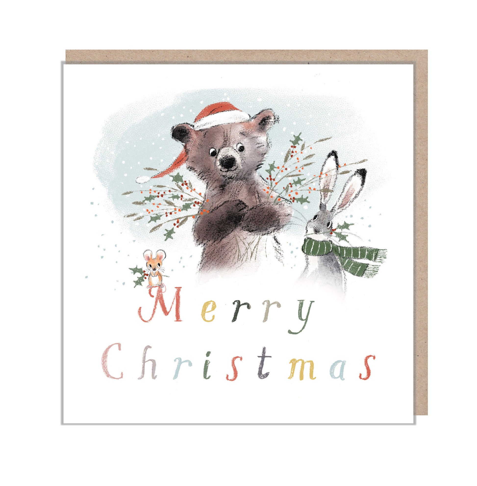 Quality Christmas Card,'the Bear, the Hare, and the Mouse', Cute heart warming  Bear Illustration, Bear holding Holly, made in UK, BHMX05