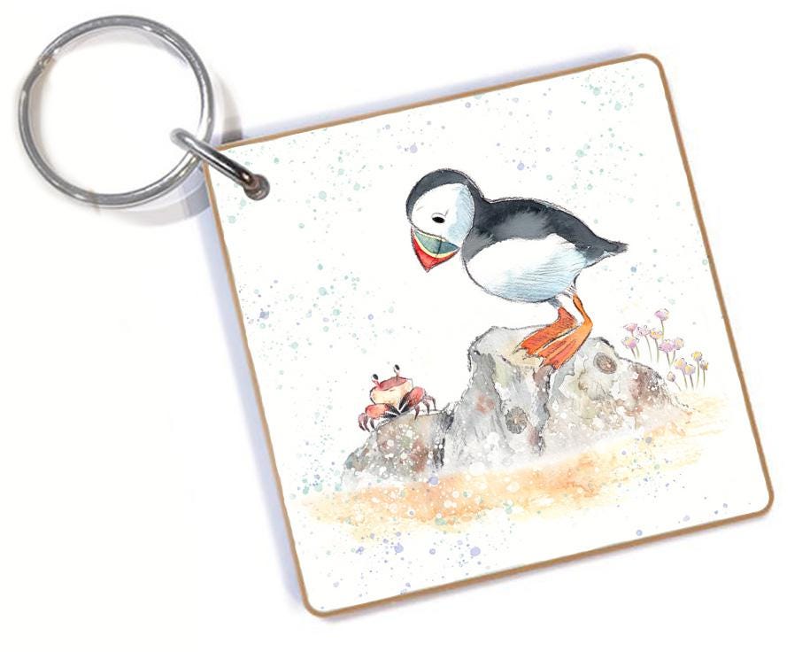 Quality Keyring - Puffin design - double sided - MDF-  Made in the UK  - KR011