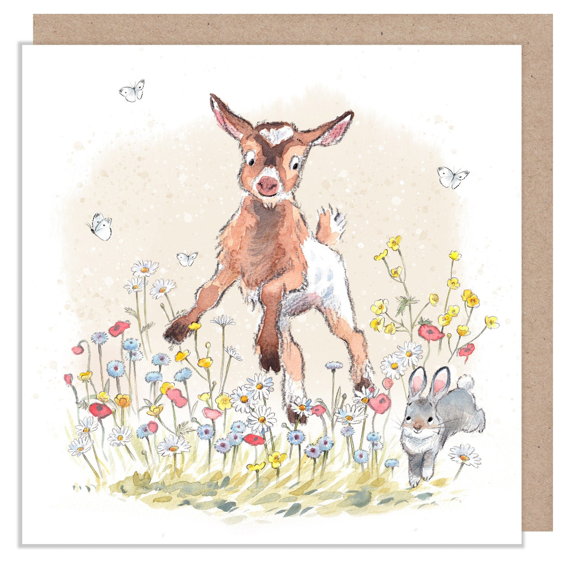 Blank Card - Quality Greeting Card - Charming illustration - 'Buttercup Farm' range - Jumping Goat with flowers - Made in UK -  BF010