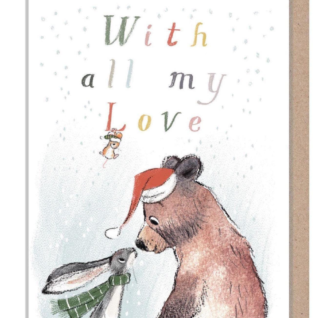 Small Christmas Gift Card - Quality folded gift card with envelope for a special gift - With all my love- Bear Hare Mouse- made in UK GC06
