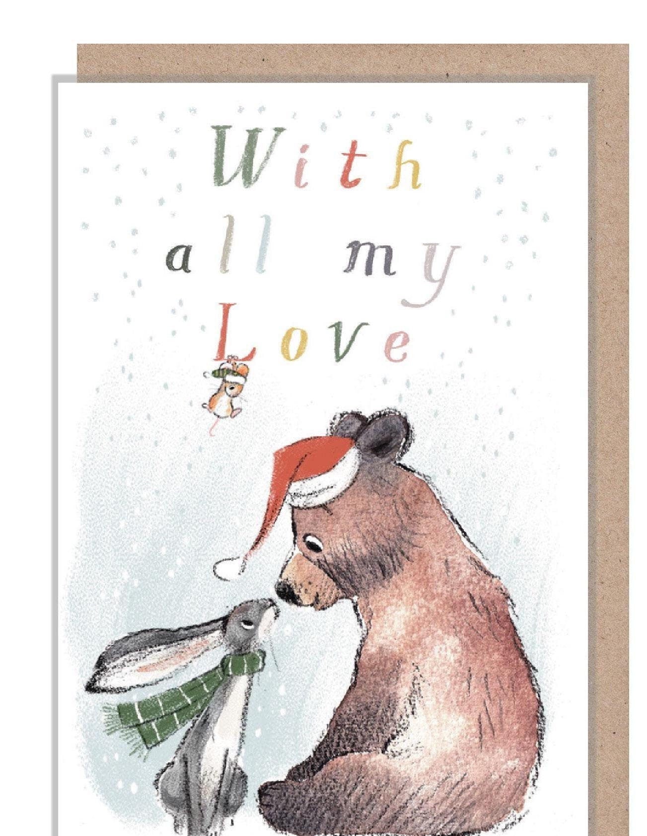Small Christmas Gift Card - Quality folded gift card with envelope for a special gift - With all my love- Bear Hare Mouse- made in UK GC06