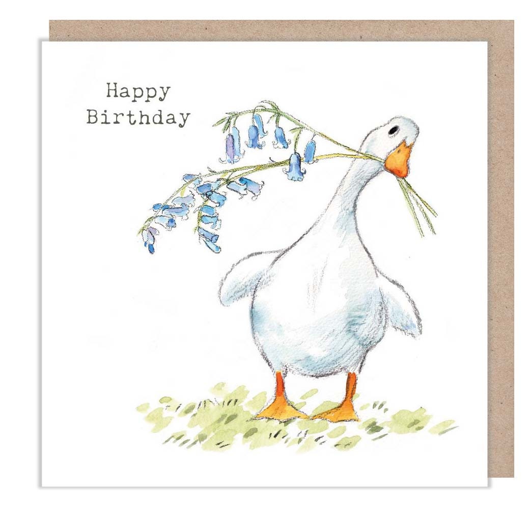 White Duck - Happy Birthday - Quality Greeting Card - Duck and bluebell  illustration - 'Down by the river'  range - Made in UK -  RIV01