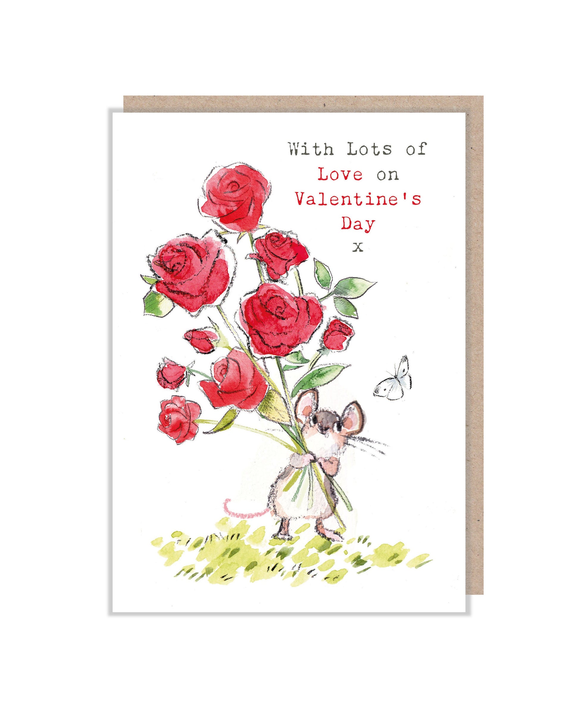 Valentines Card, Cute Mouse with flowers Illustration BWVAL01