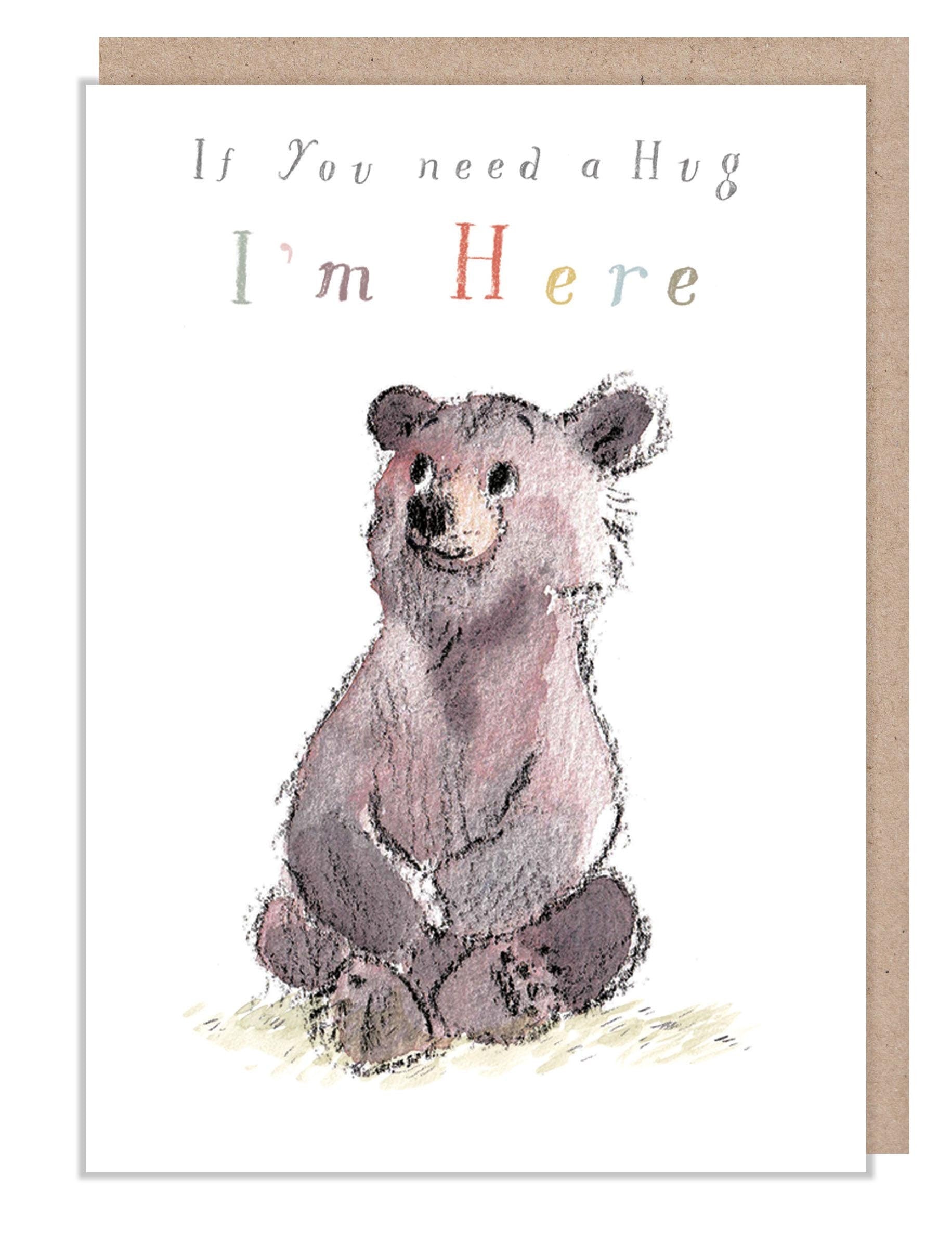 Bear Hug Card -Quality Card - 'Bear, the Hare, and Mouse', heart warming Illustrations, made in UK, BHME031