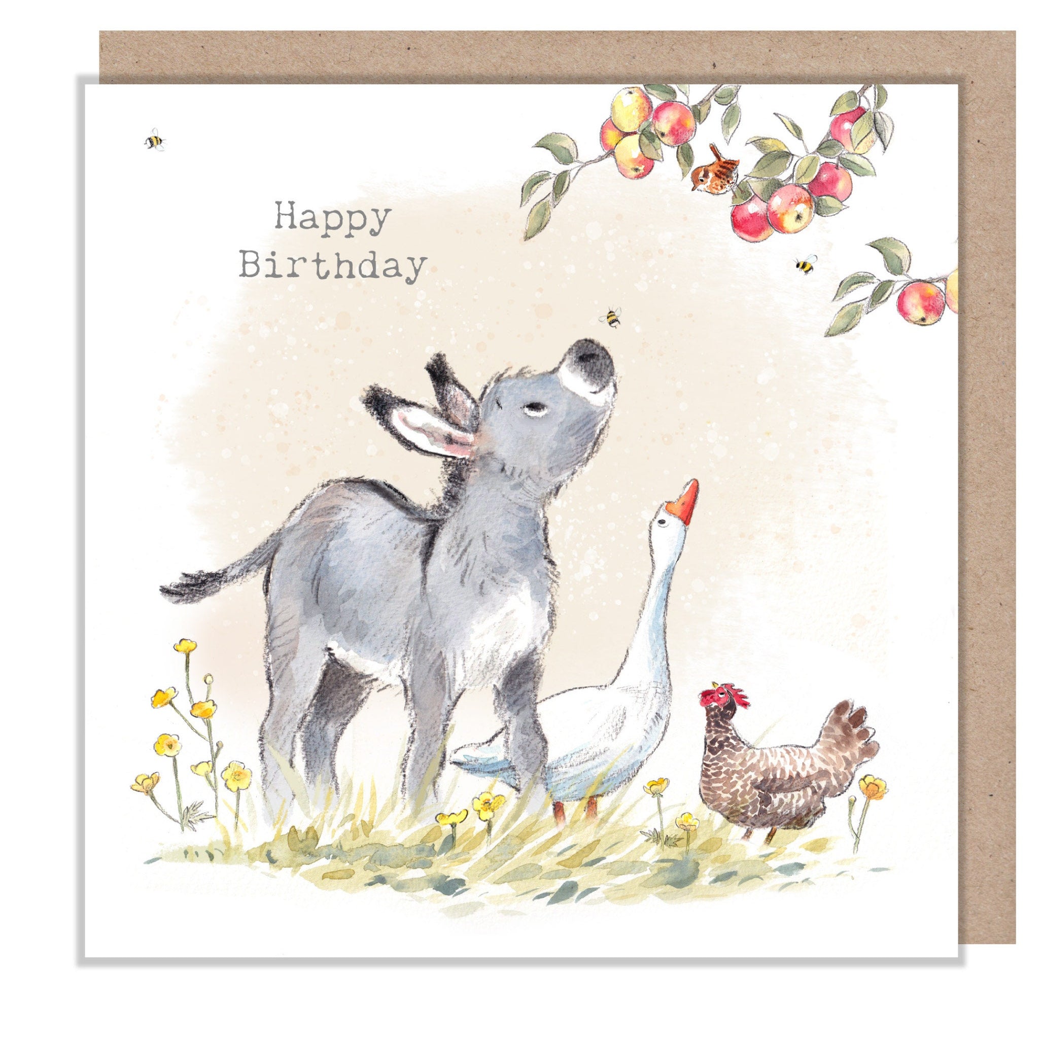 Donkey, Goose & Hen Birthday Card: Charming Farm Illustration