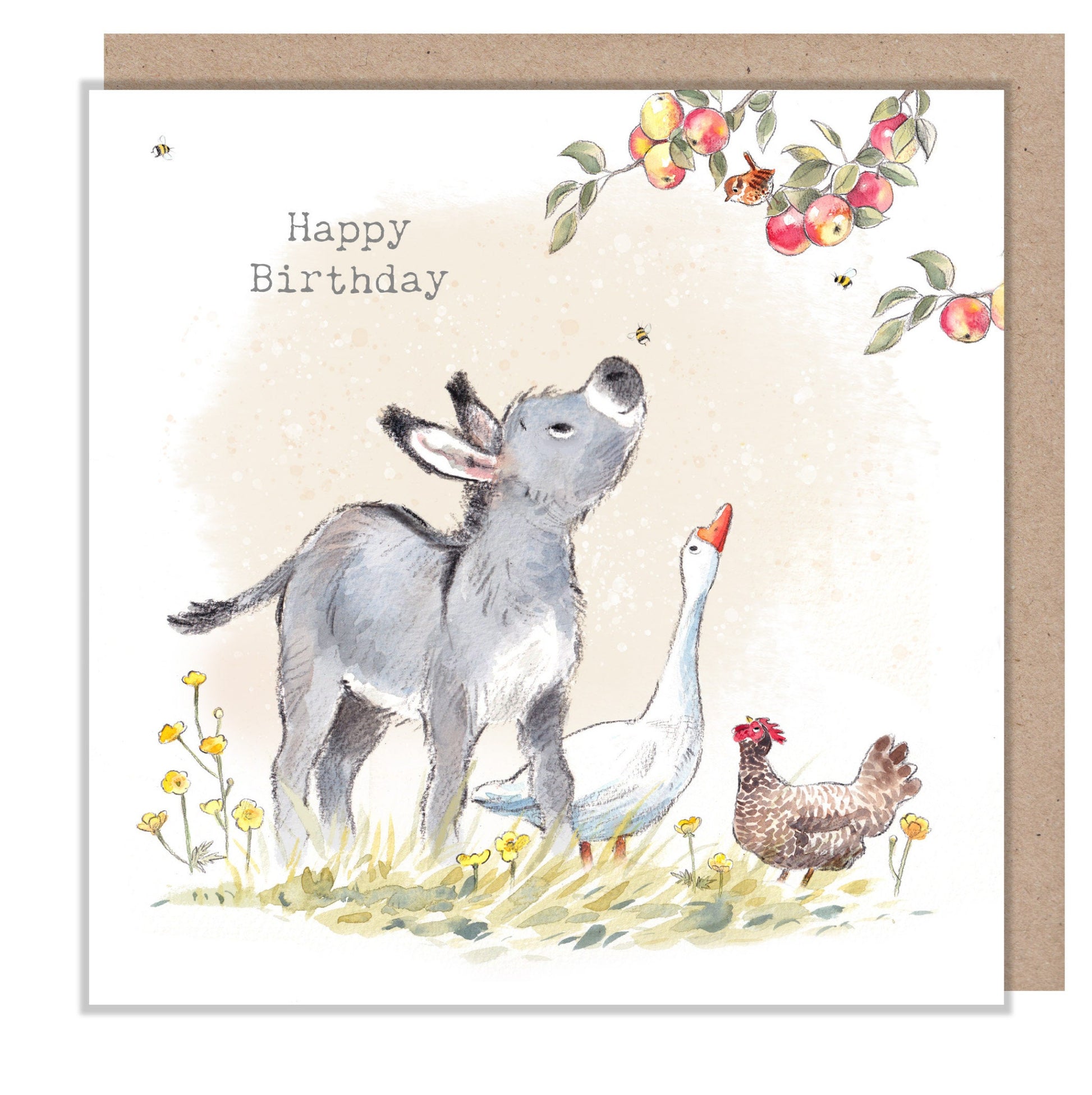 Donkey, Goose & Hen Birthday Card: Charming Farm Illustration