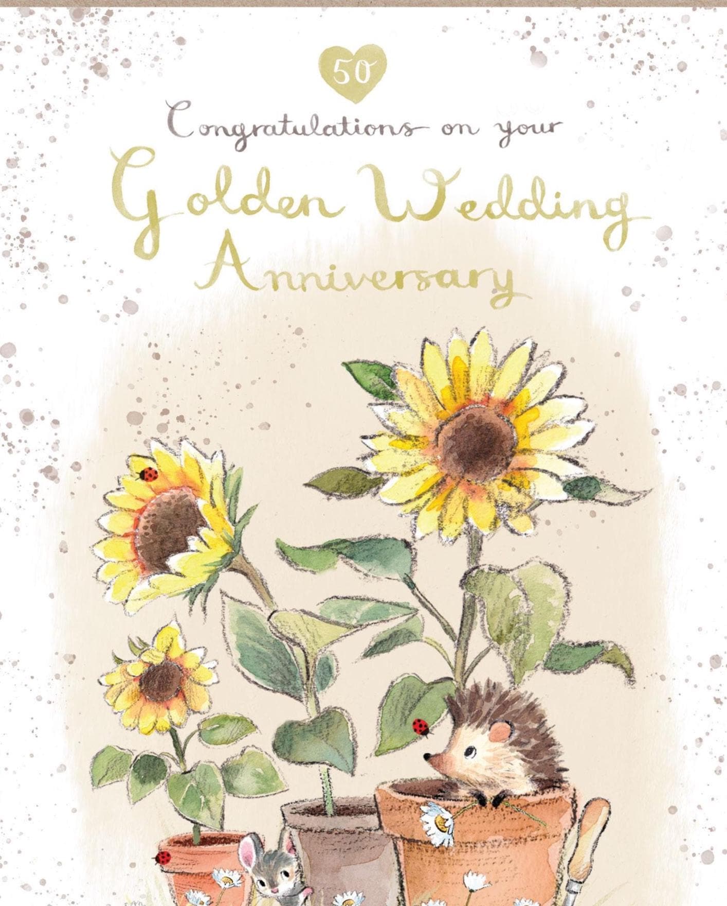 Golden Anniversary - Quality Card - Congratulations on your Golden Wedding - Hedgehog with Sunflowers - 'Morris and Maude' range -  MME022