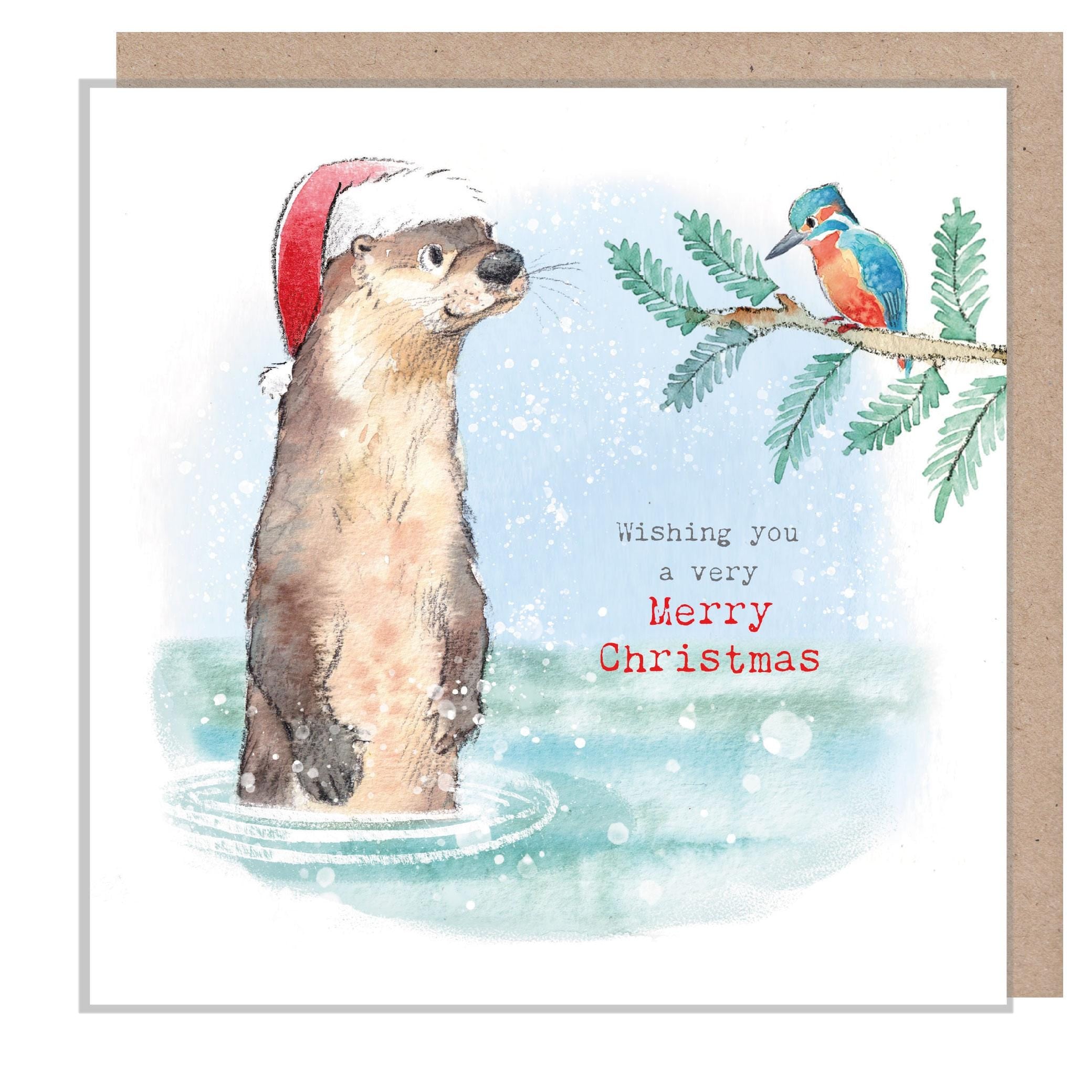 Quality Christmas Card- Merry Christmas - Otter and Kingfisher Illustration - 'Down by the river' range - Made in UK -  RIVX03