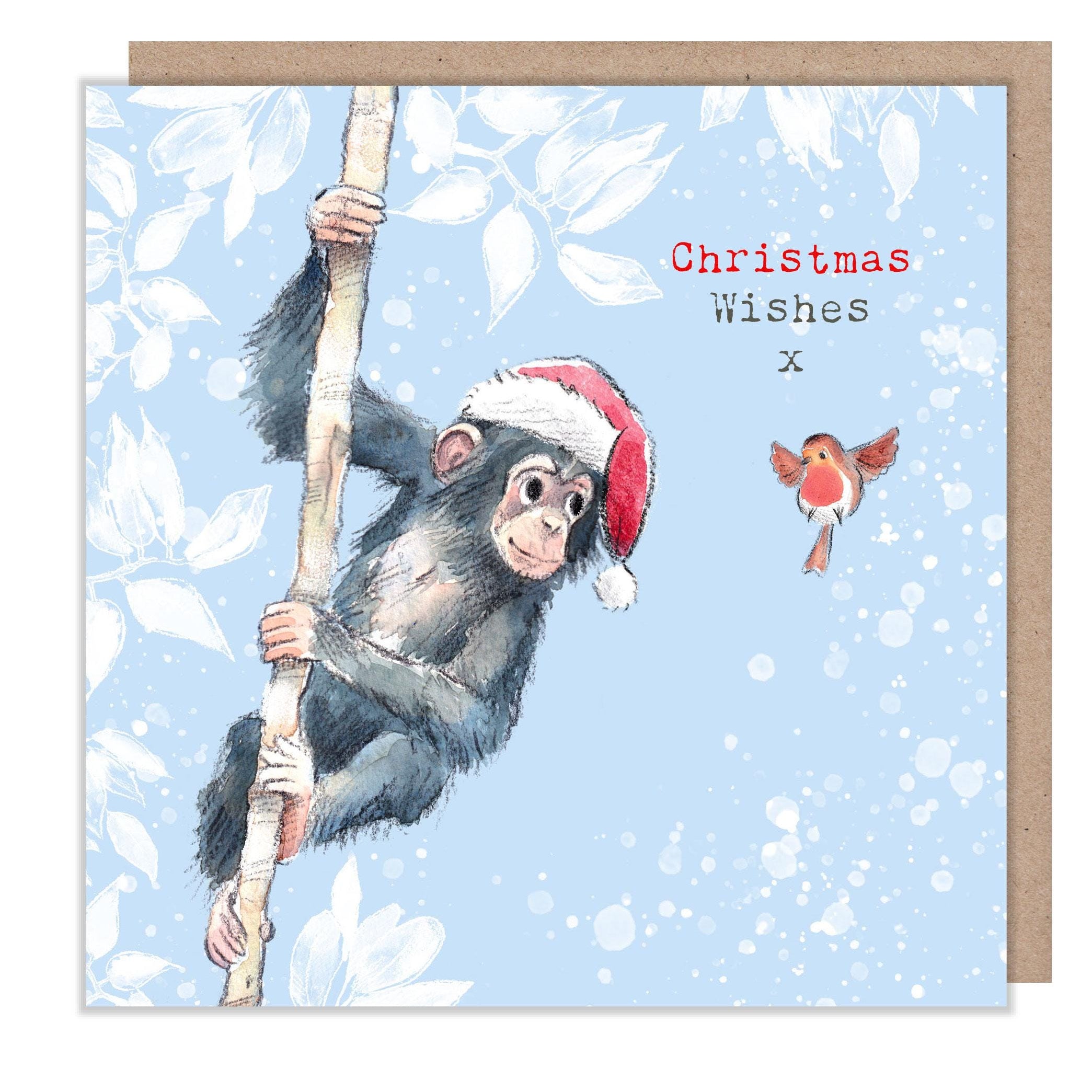 Quality Christmas Card - 150 x 150mm - Charming Chimpanzee illustration - 'Wonderfully Wild'  range - Made in UK -  WWX020