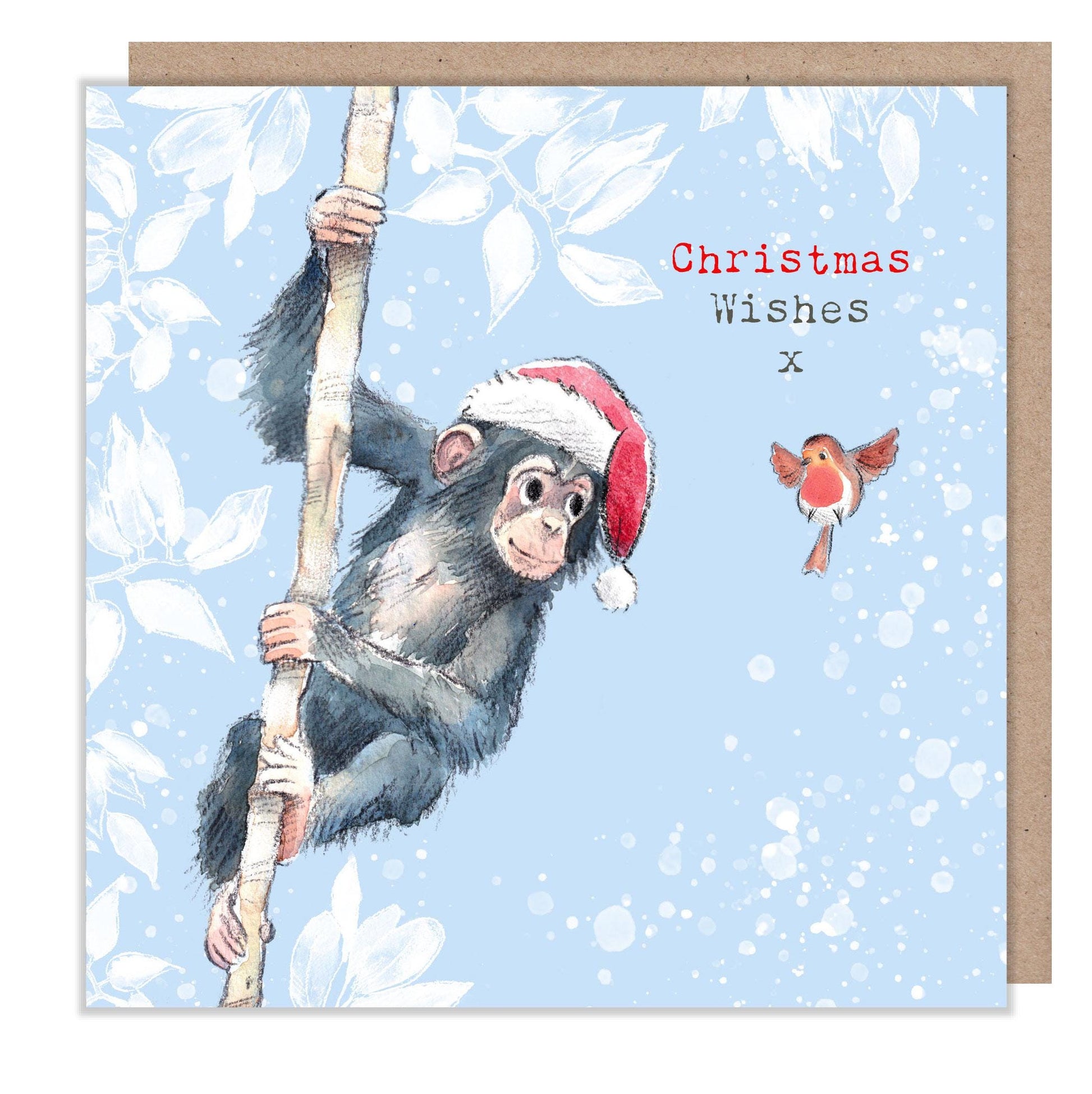 Quality Christmas Card - 150 x 150mm - Charming Chimpanzee illustration - 'Wonderfully Wild'  range - Made in UK -  WWX020