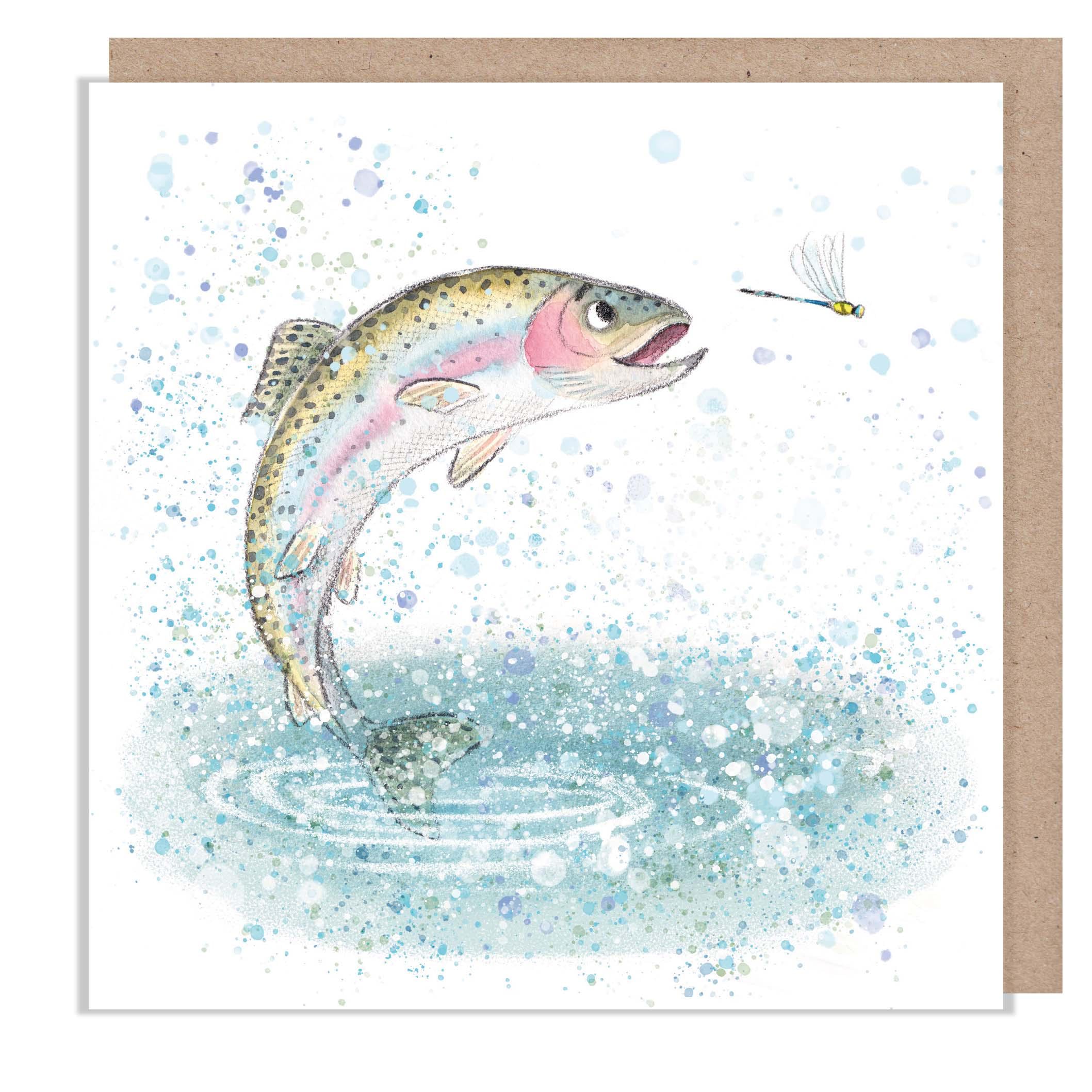 Blank Card-  Jumping Fish  illustration  - 'Down by the river'  range - Made in UK -  RIV016