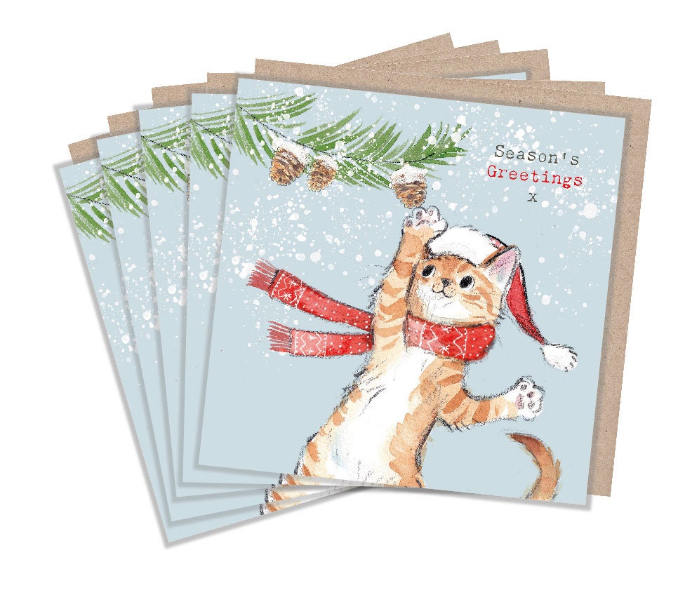 Christmas Card pack - 5 small quality cards with brown recycled envelopes -125 x 125mm-  one design - Ginger Kitten -  XPACK07