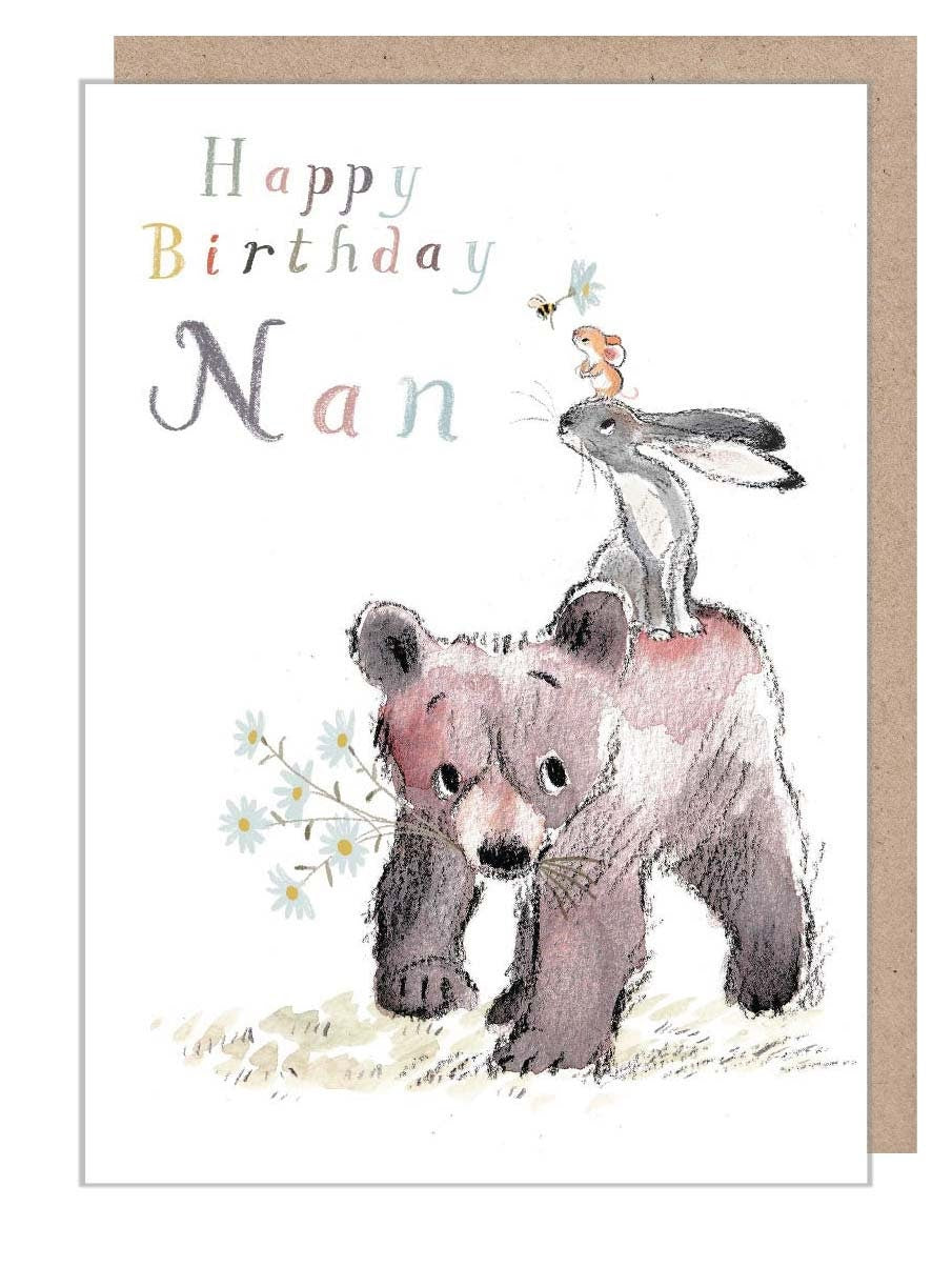 Nan Happy Birthday, Quality Greeting Card, 'the Bear, the Hare, and the Mouse' , heart warming Illustrations, made in UK, BHME019