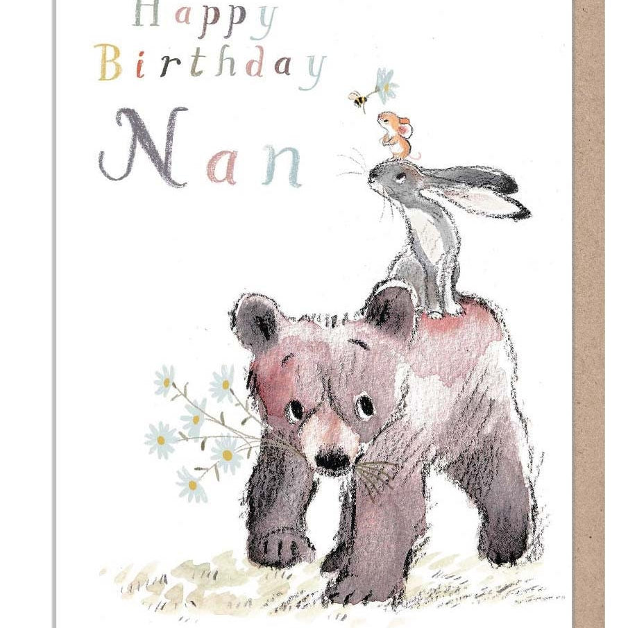 Nan Happy Birthday, Quality Greeting Card, 'the Bear, the Hare, and the Mouse' , heart warming Illustrations, made in UK, BHME019