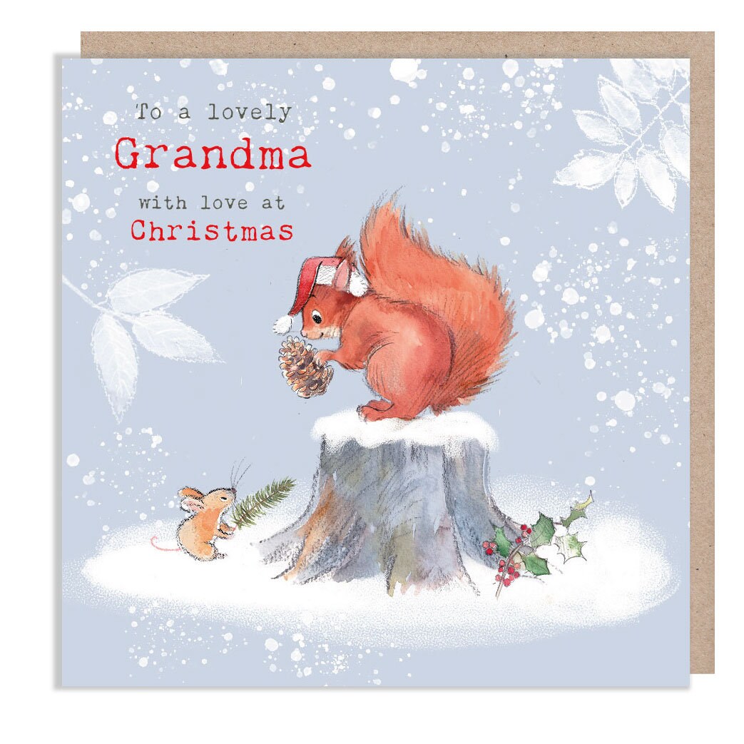 To a lovely Grandma - Quality Christmas Card - Squirrel and Mouse illustration - 'Bucklebury wood' range- Made in UK -  BWX023