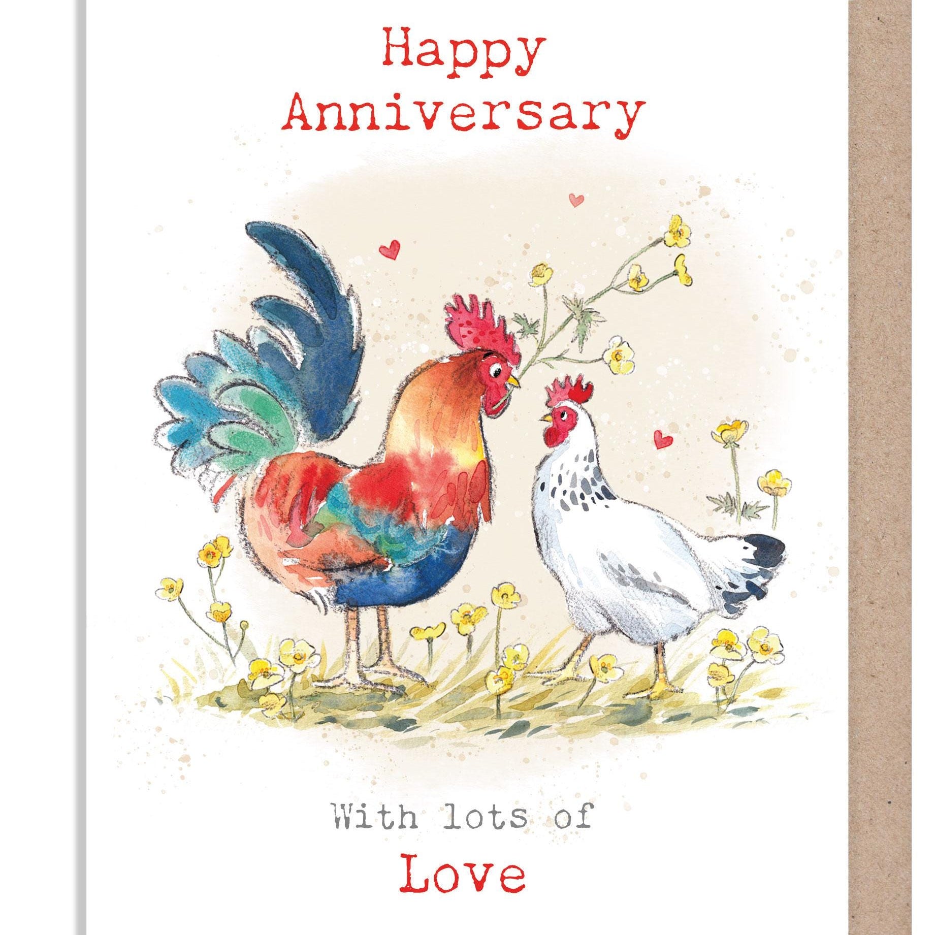 Anniversary Card - Charming illustration - Cockrel and Hen - 'Buttercup Farm' range - Made in UK - BF018