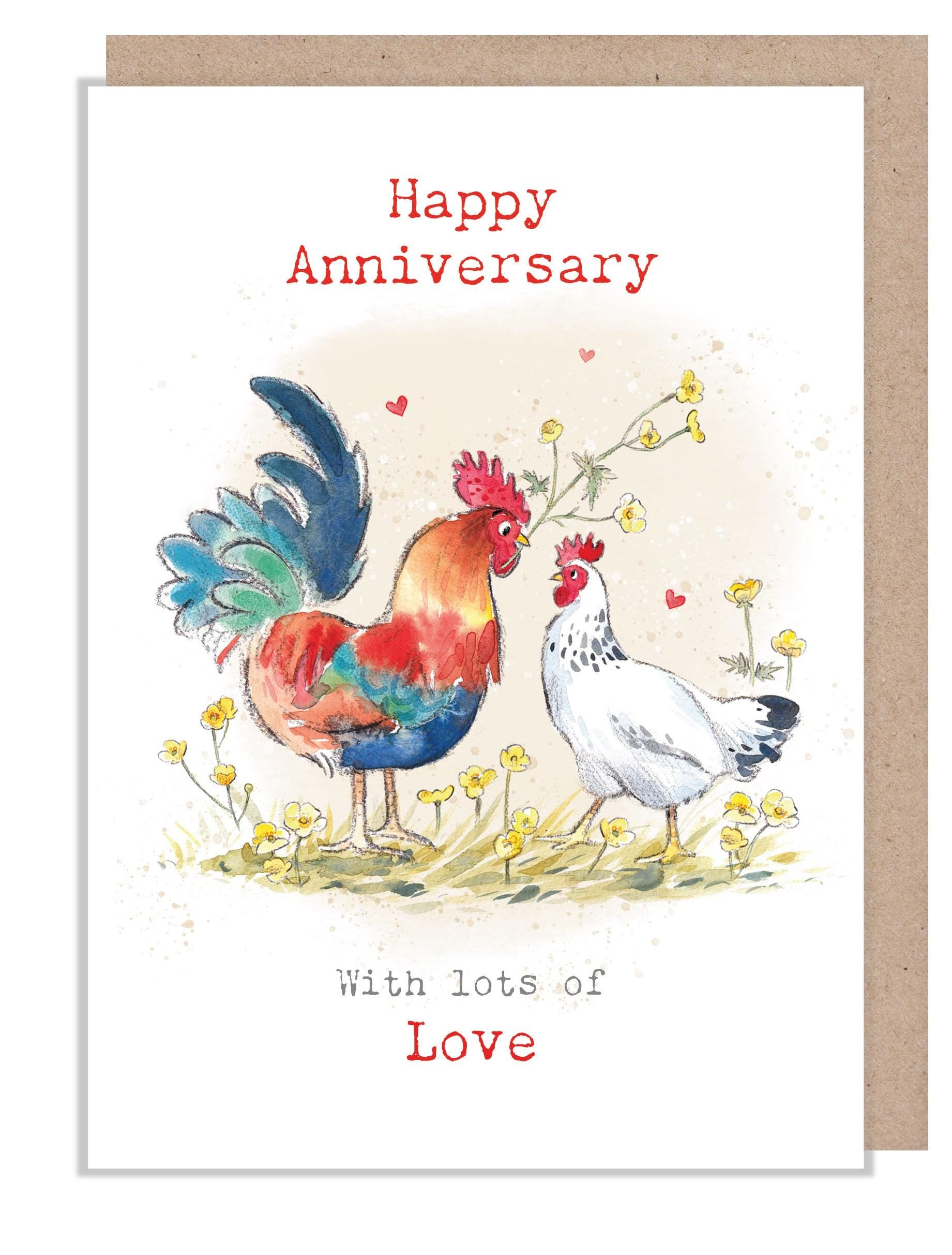 Anniversary Card - Charming illustration - Cockrel and Hen - 'Buttercup Farm' range - Made in UK - BF018