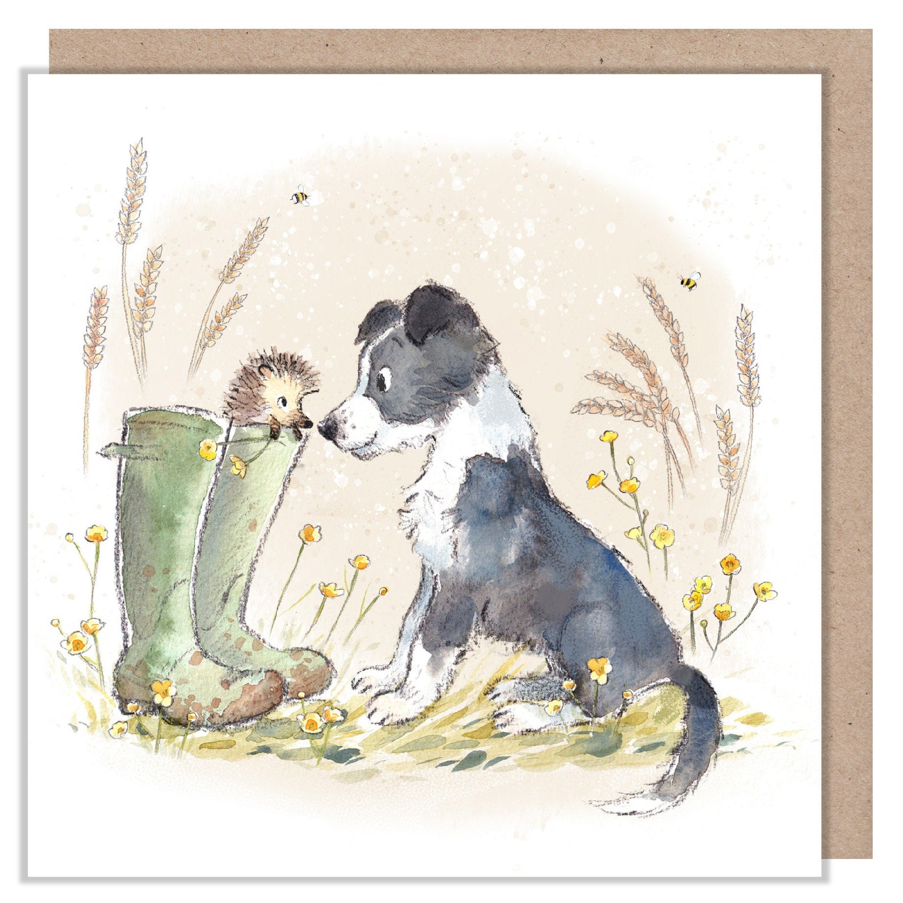 Blank Card - Quality Greeting Card - Charming illustration - 'Buttercup Farm' range - Collie Dog and Hedgehog - Made in UK -  BF08