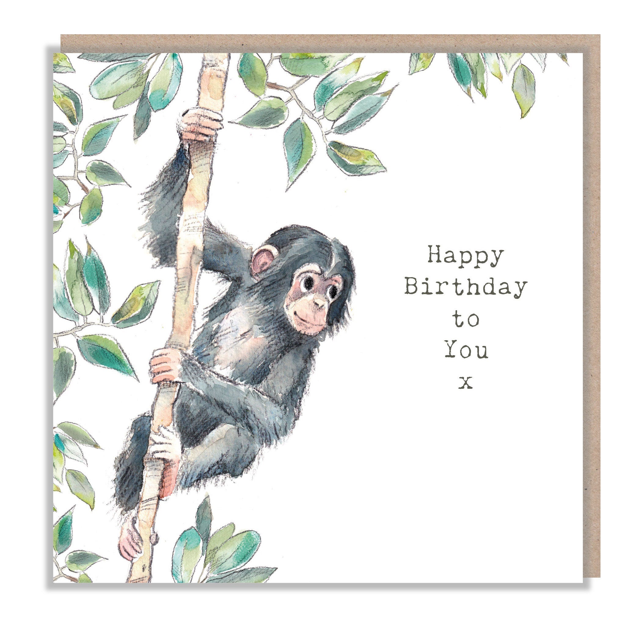 Chimpanzee Birthday Card - Charming illustration - Climbing chimp - 'Wonderfully Wild'  range - Made in UK -  WWE04