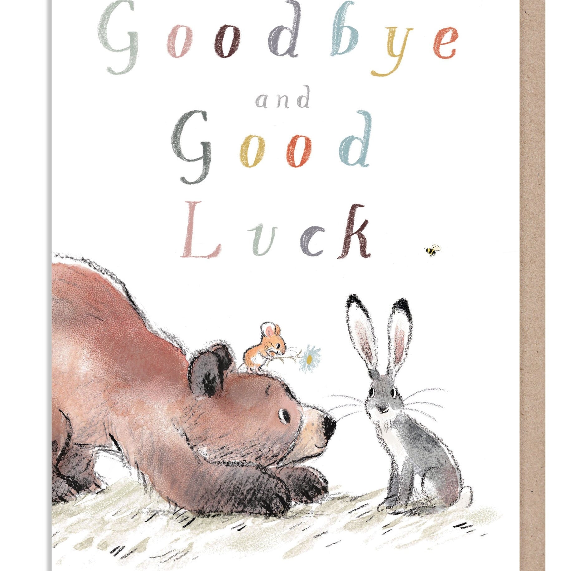 Goodbye and goodluck card  - Quality Greeting Card, 'the Bear, the Hare, and the Mouse' , heart warming Illustrations, made in UK, BHME029