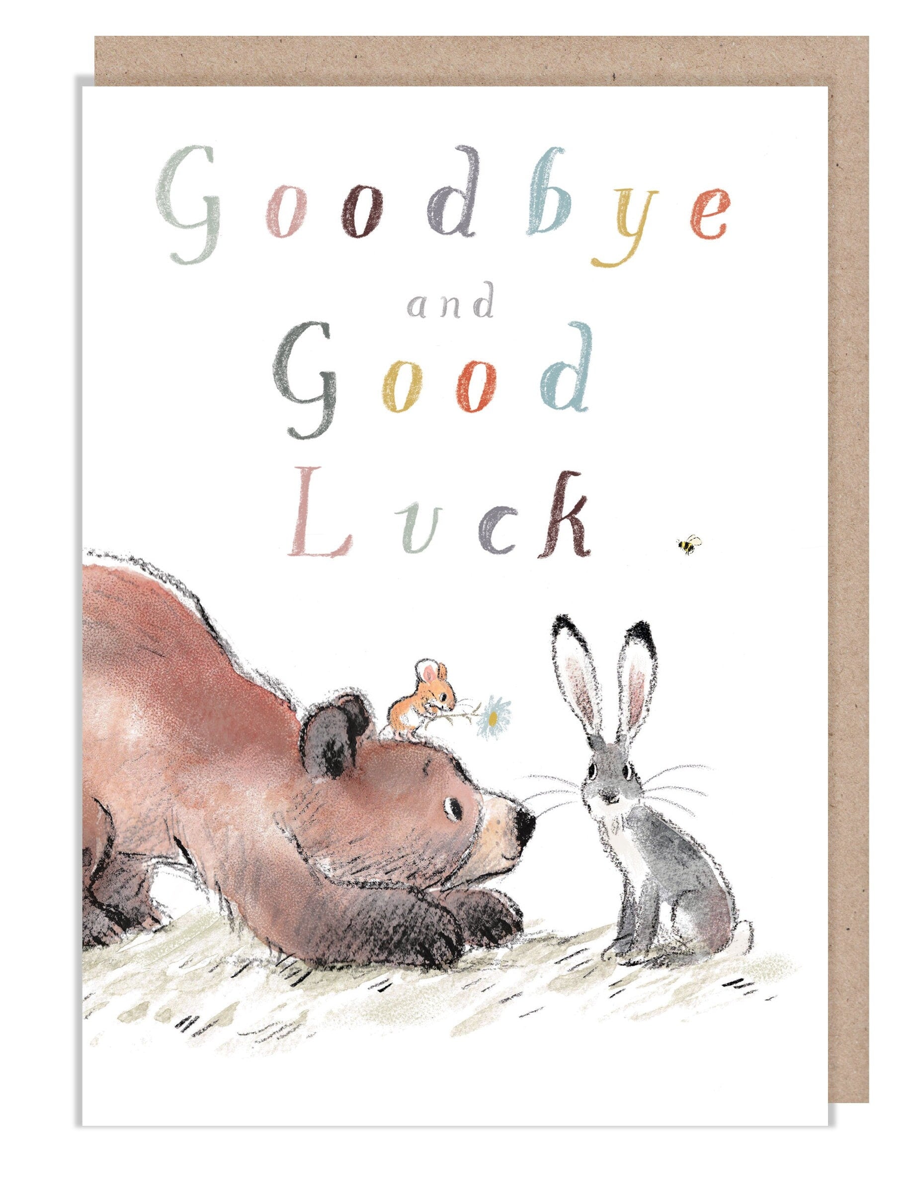 Goodbye and goodluck card  - Quality Greeting Card, 'the Bear, the Hare, and the Mouse' , heart warming Illustrations, made in UK, BHME029